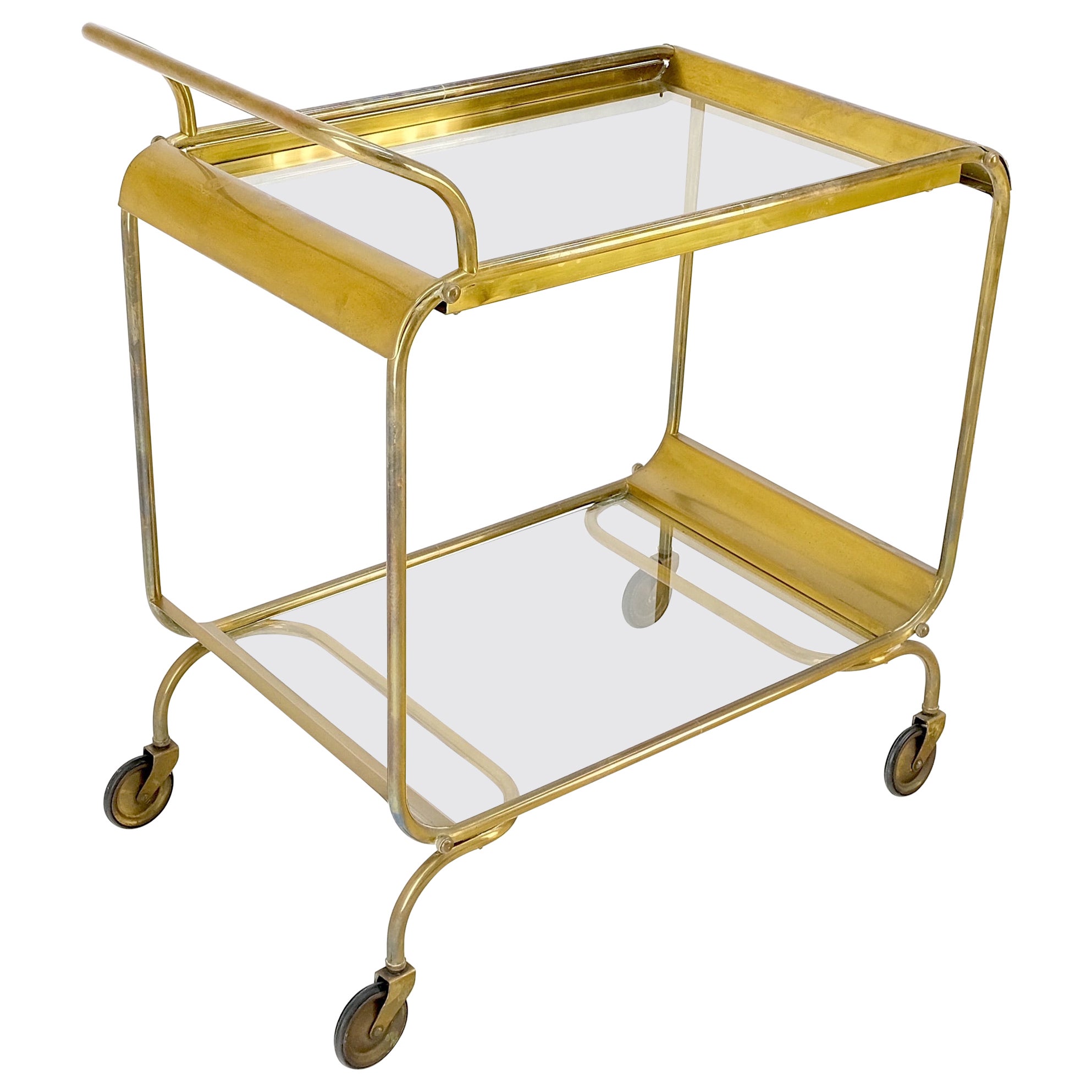 Mid-Century Modern Bauhaus Style Solid Brass Bend Tube 
Glass Serving Cart Bar