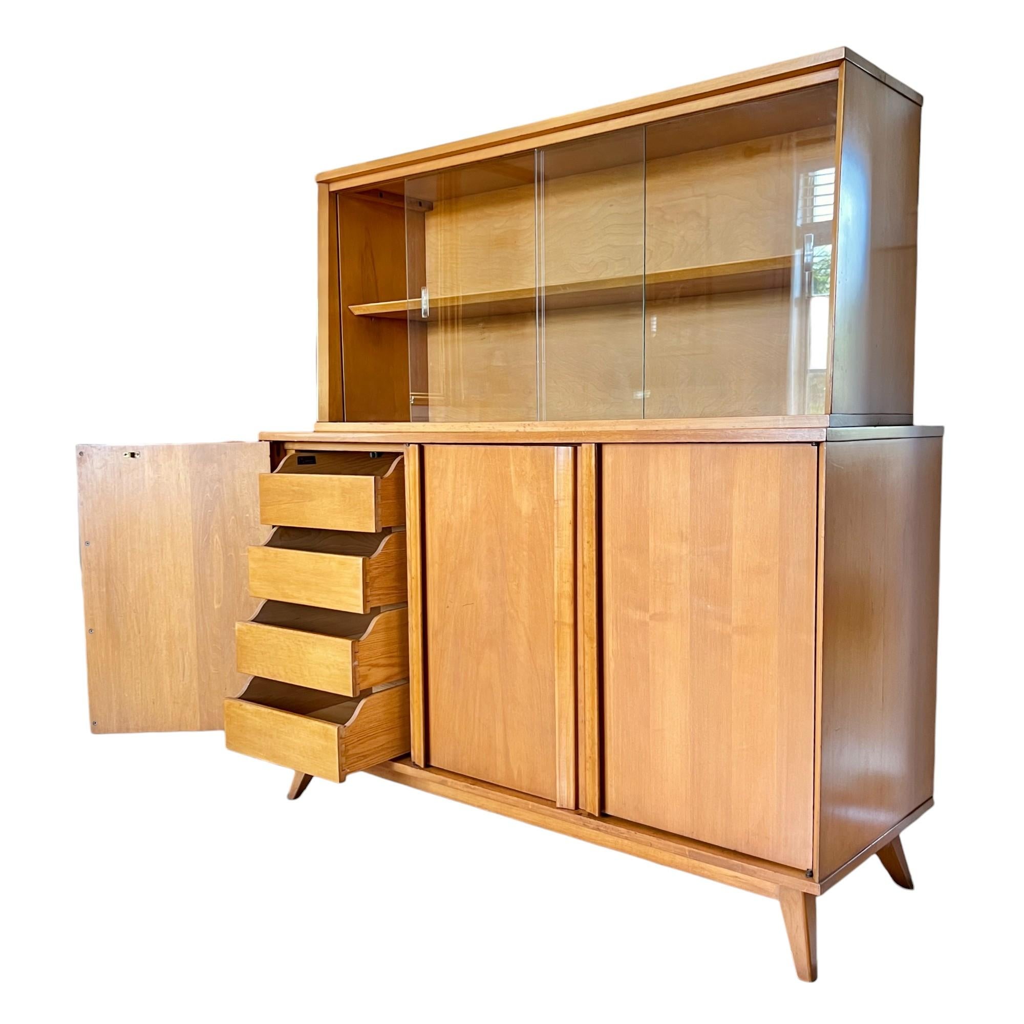 Glass Mid-Century Modern Baumritter Maple Buffet and Hutch For Sale