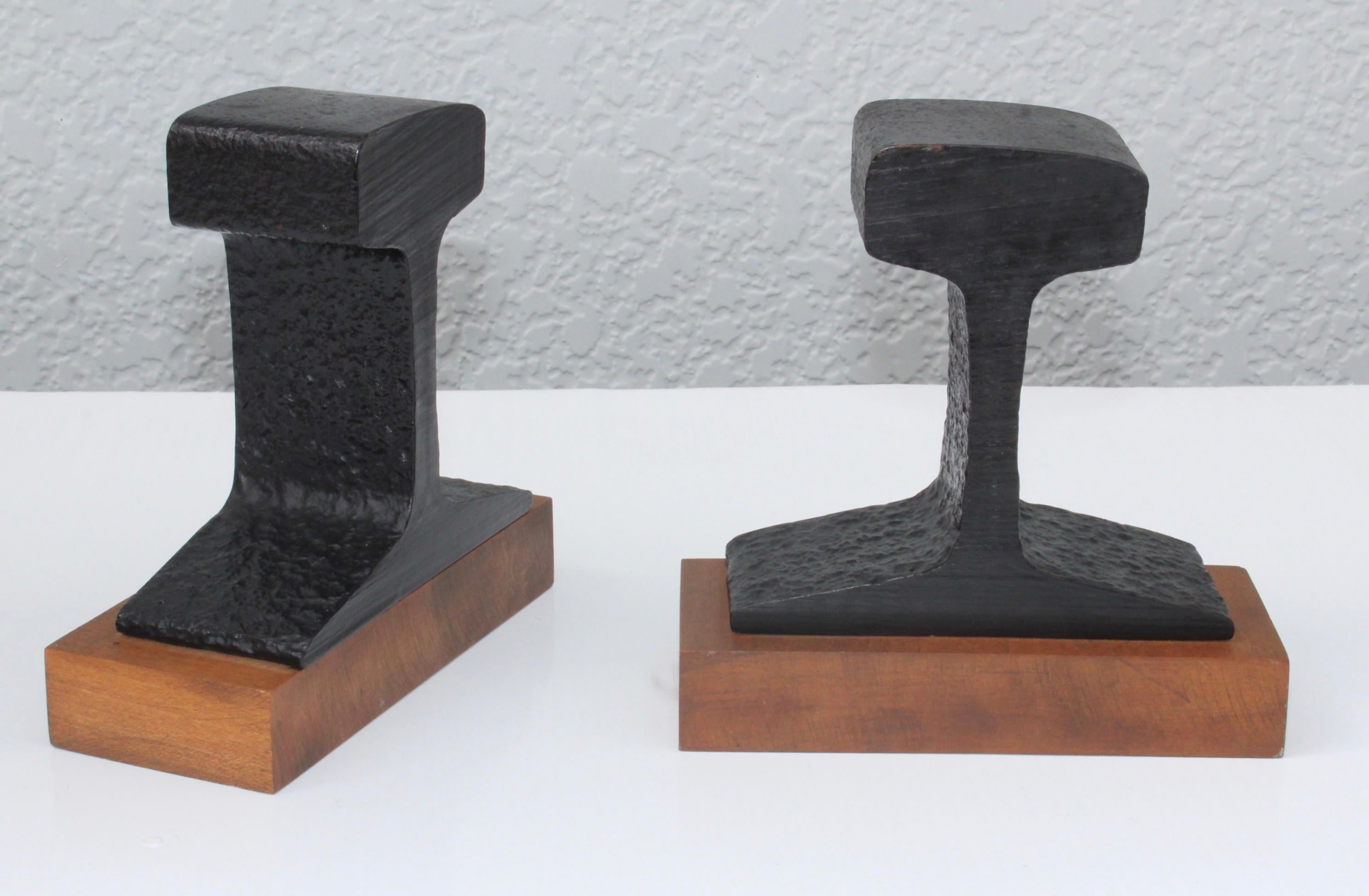 1960s Mid-Century Modern steel beam and wood bookends.