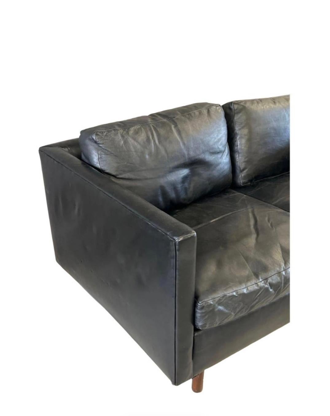 Woodwork Mid century modern beautiful Black leather 2 seat loveseat sofa with walnut legs