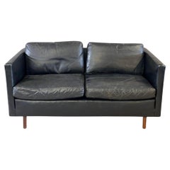 Mid century modern beautiful Black leather 2 seat loveseat sofa with walnut legs