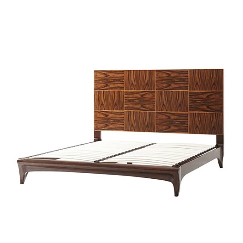Mid-Century Modern style king size bed with exotic wild rosewood veneer and sapele oak. Includes platform bed slats.