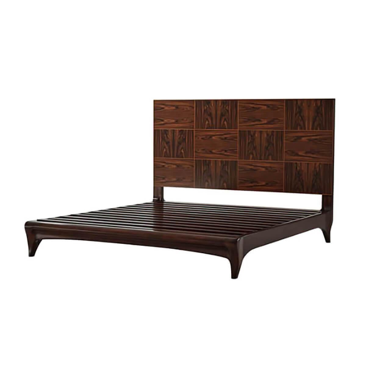 Mid-Century Modern style king size bed with exotic wild rosewood veneer and sapele oak. Includes platform bed slats.

Dimensions: 77.75