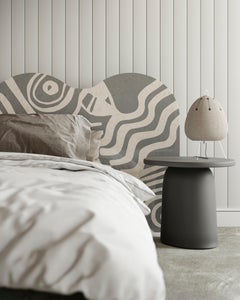 Mid-Century Modern Bed King Size in Grey & White Wave Shape Wood Headboard