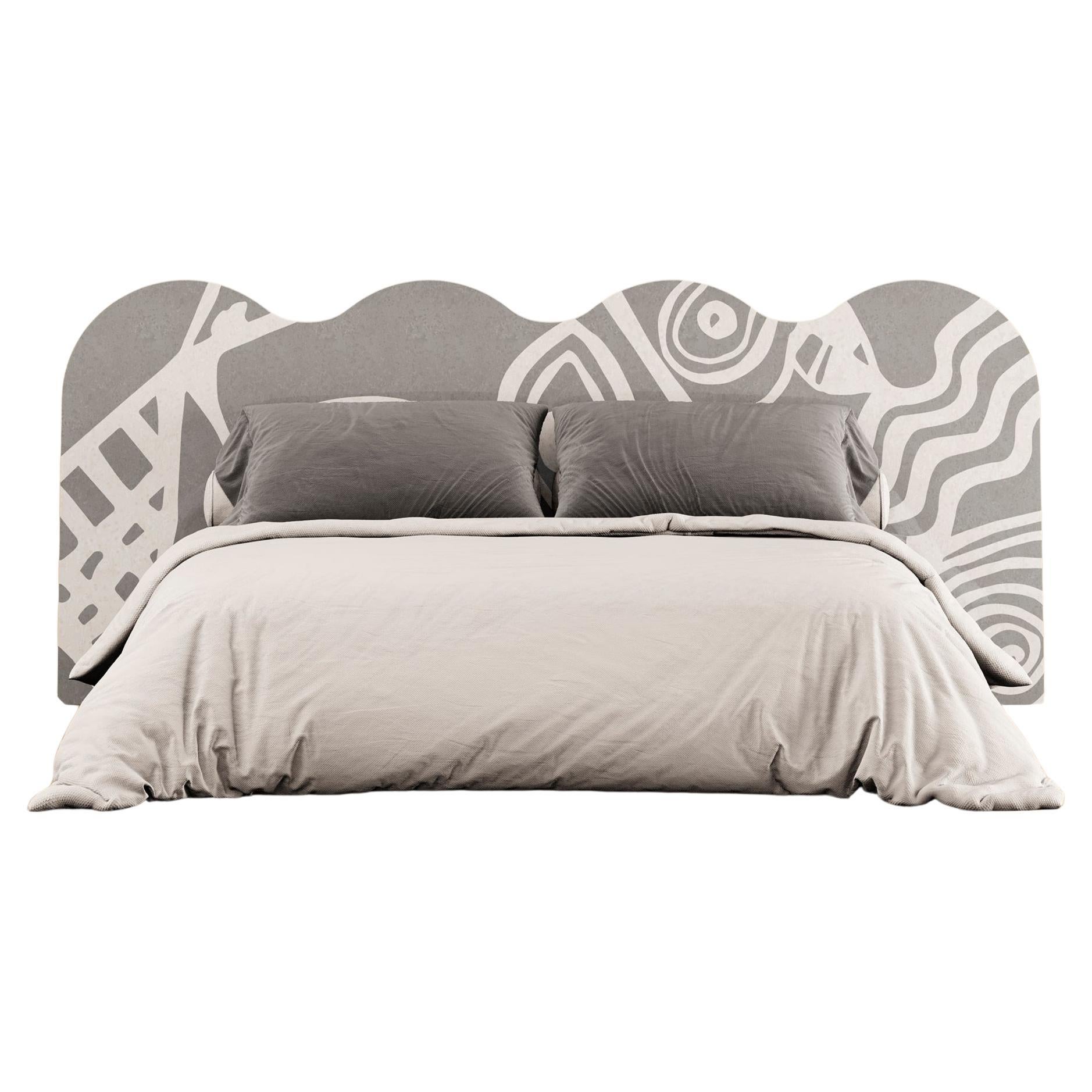 Mid-Century Modern Bed King Size in Grey & White Wave Shape Wood Headboard