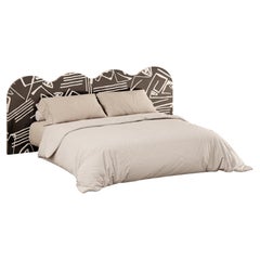 Mid-Century Modern Bed King Size Wave Headboard Black & White Wood Marquetry