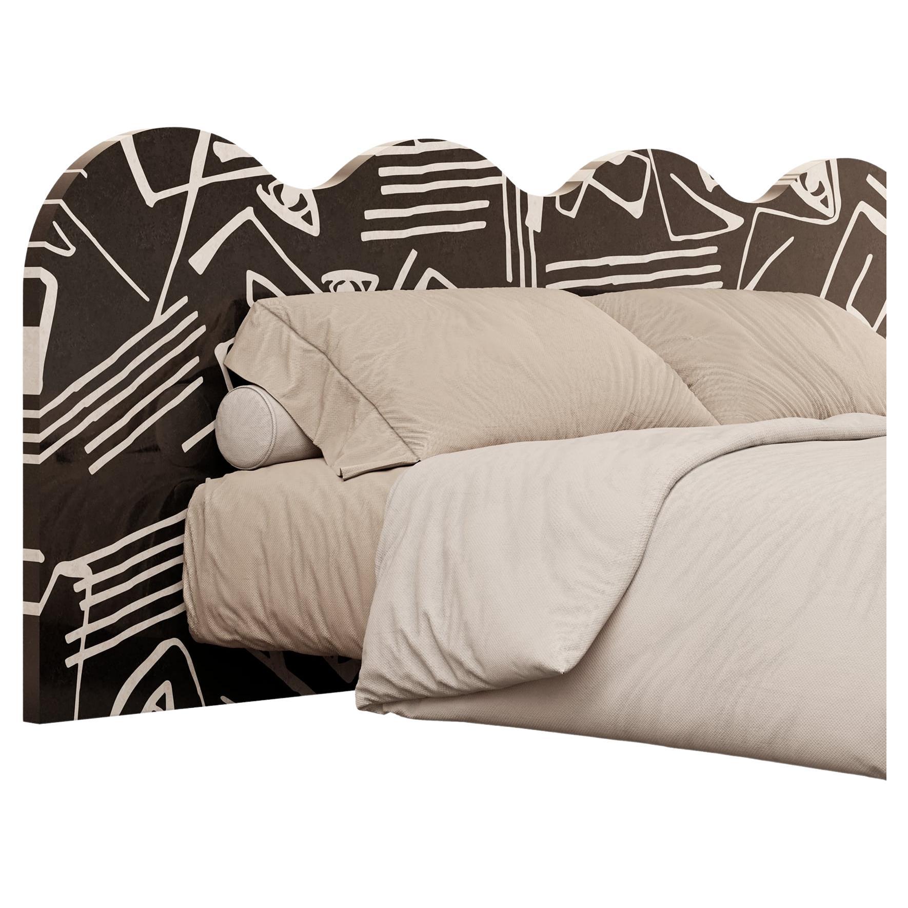 Hand-Crafted Mid-Century Modern Bed King Size Wave Headboard Black & White Wood Marquetry For Sale