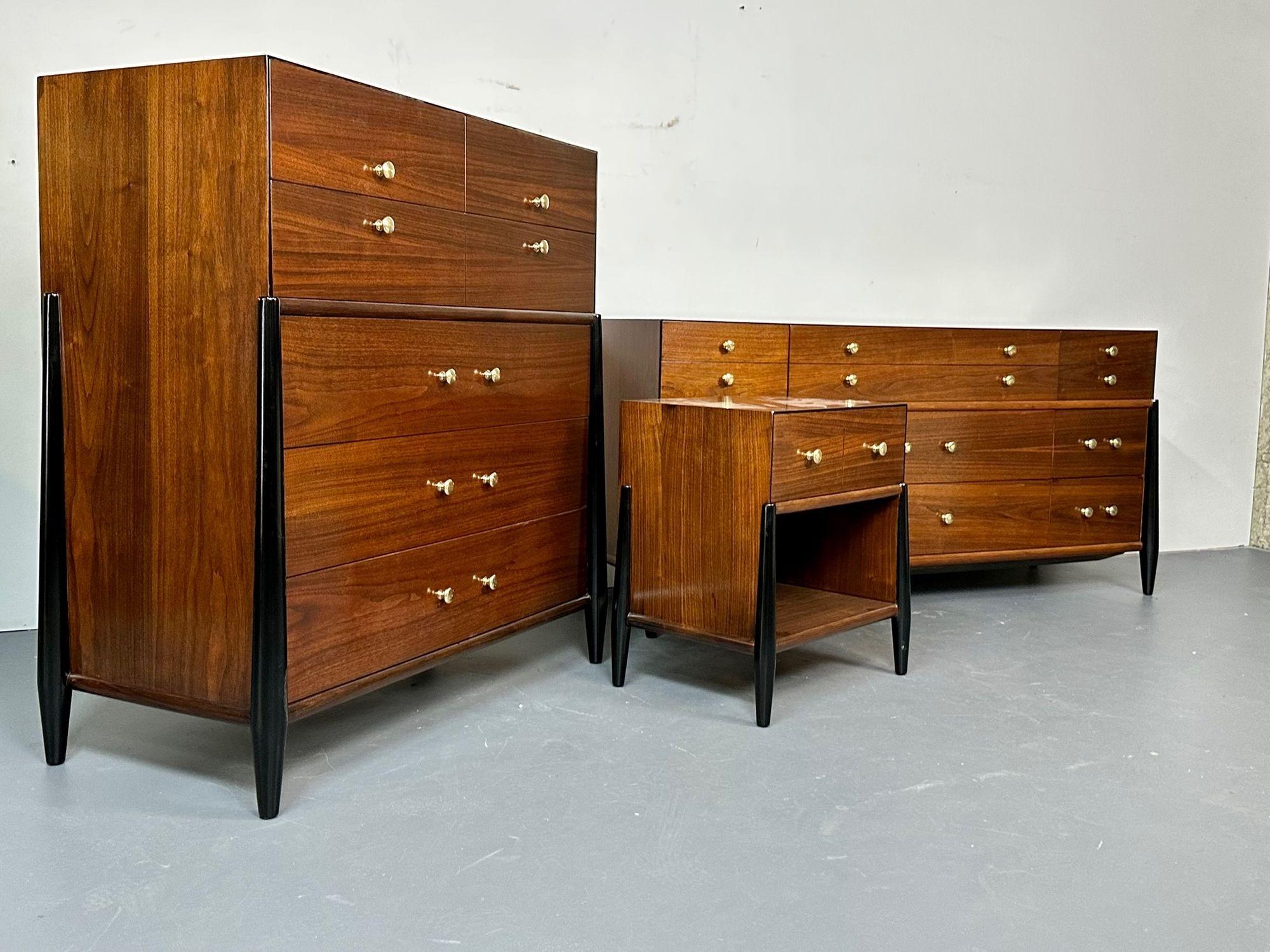 Mid Century Modern Bedroom Set, Dresser, Chest, Nightstand, West Michigan Furniture Co. 
Bedroom set comprised of a chest, dresser and nightstand. All pieces are built with a fine grained walnut that has been fully refinished with ebonized columns