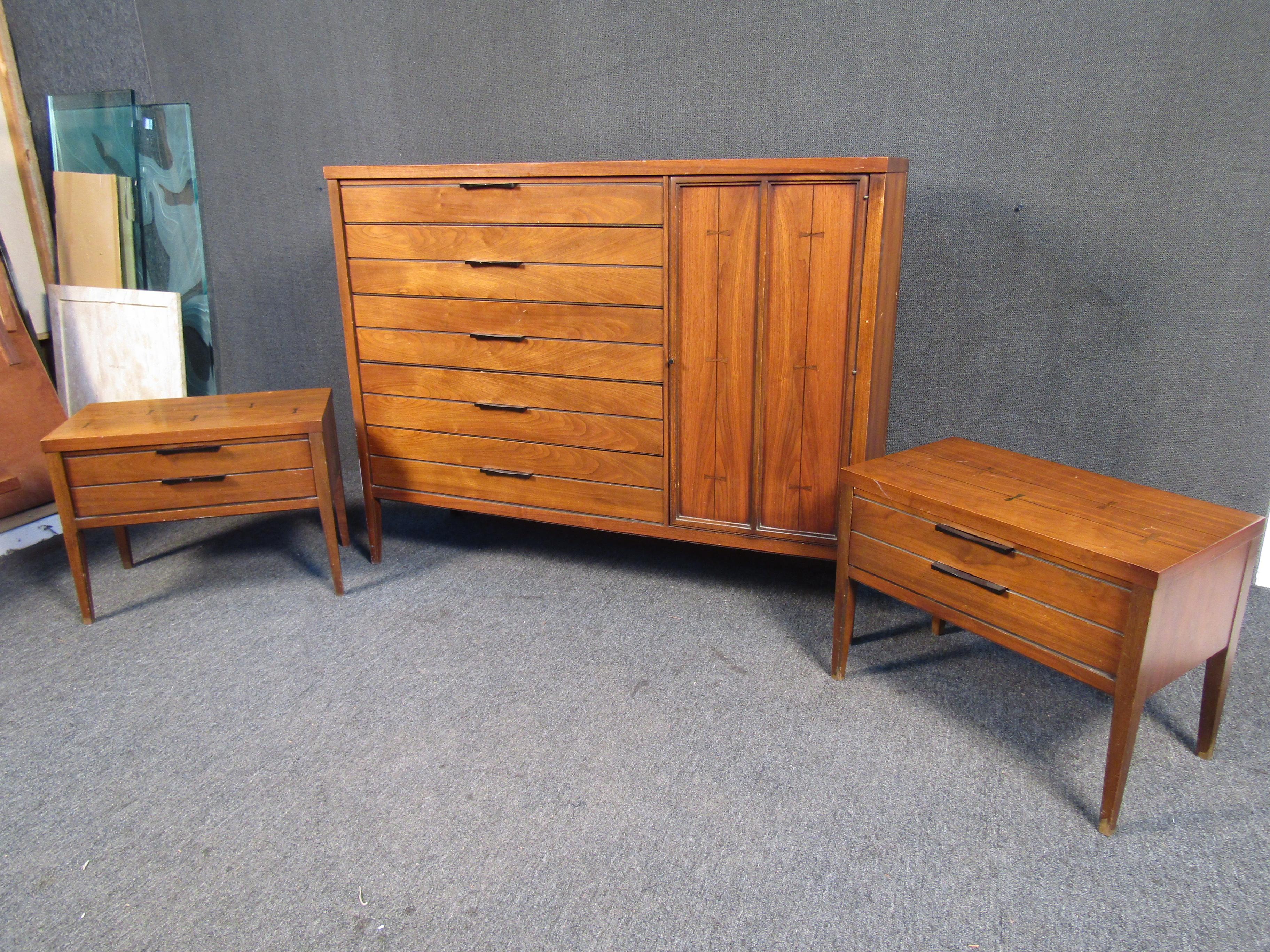 Tall  chest of drawers and matching end tables by Lane Furniture. Walnut wood with rosewood inlay 