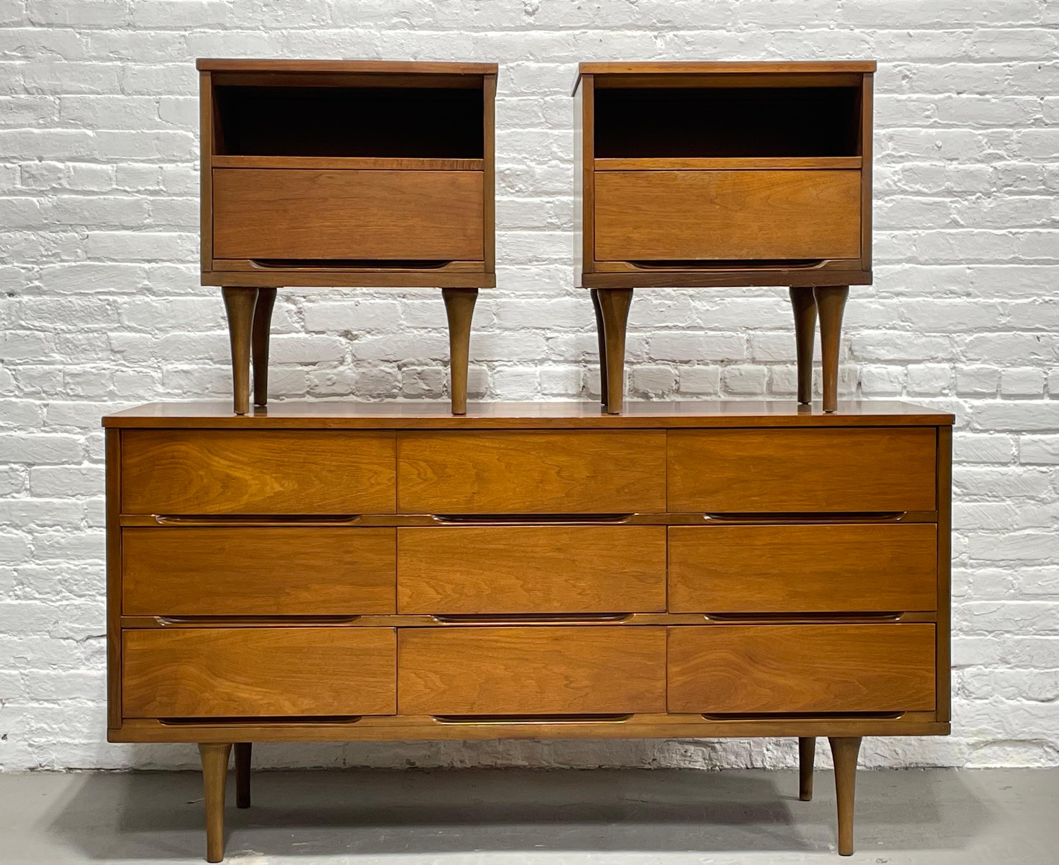 Mid-Century Modern bedroom set - long dresser / sideboard + nightstands, c. 1960s.

Clean + Simple Mid-Century Modern Walnut credenza / dresser with stunning wood grains, c. 1960s. Long tapered legs and a wealth of storage space offered among its