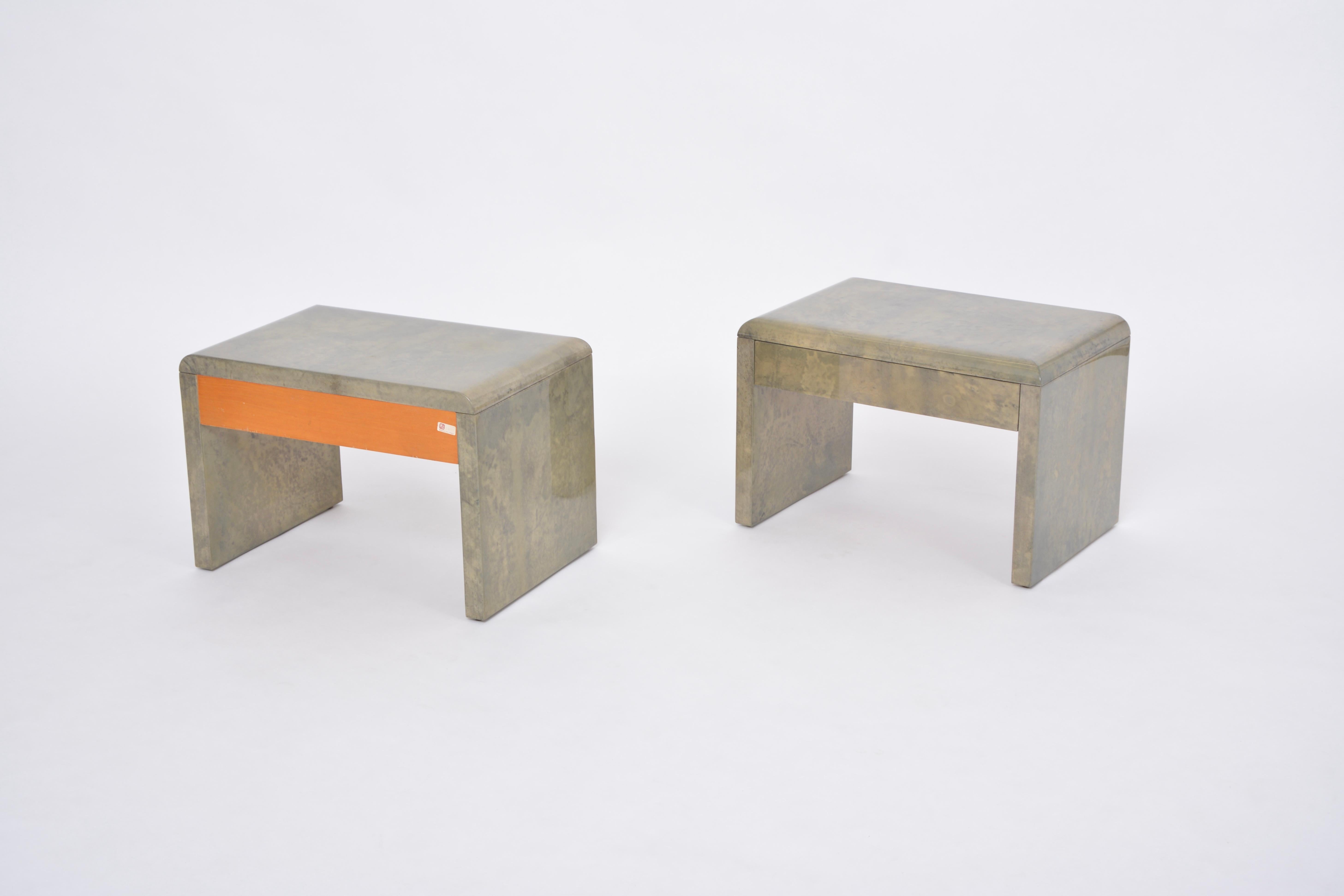 Lacquered Mid-Century Modern Bedside Tables Made of Laquered Goat Skin by Aldo Tura For Sale