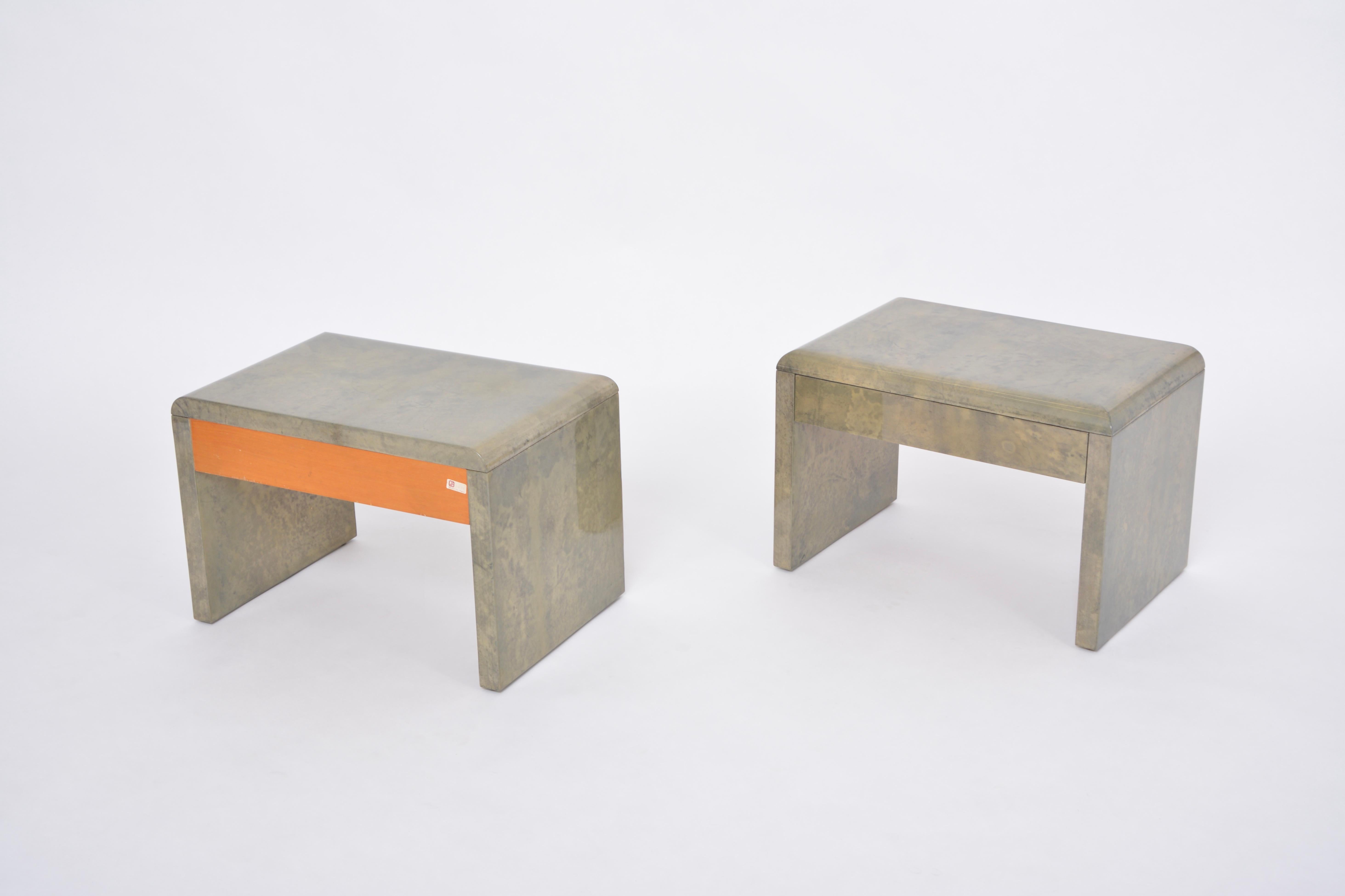 Goatskin Mid-Century Modern Bedside Tables Made of Laquered Goat Skin by Aldo Tura