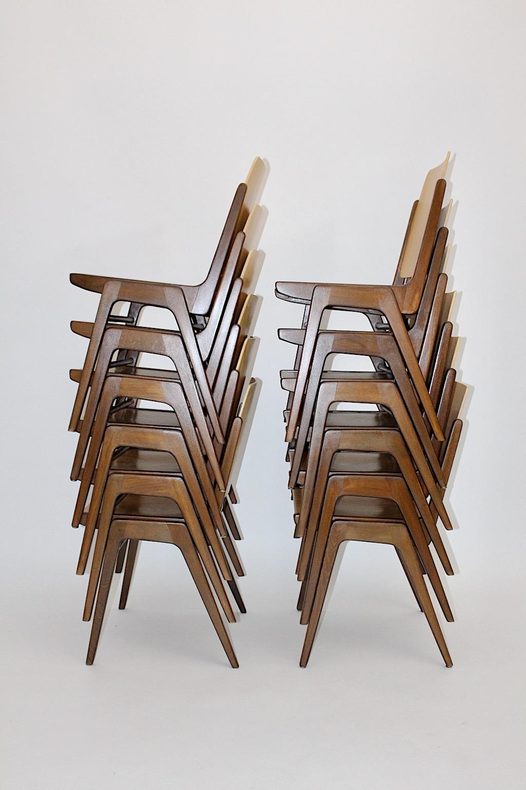Austrian Mid-Century Modern Beech Brown Twelve Vintage Dining Chairs, Franz Schuster For Sale