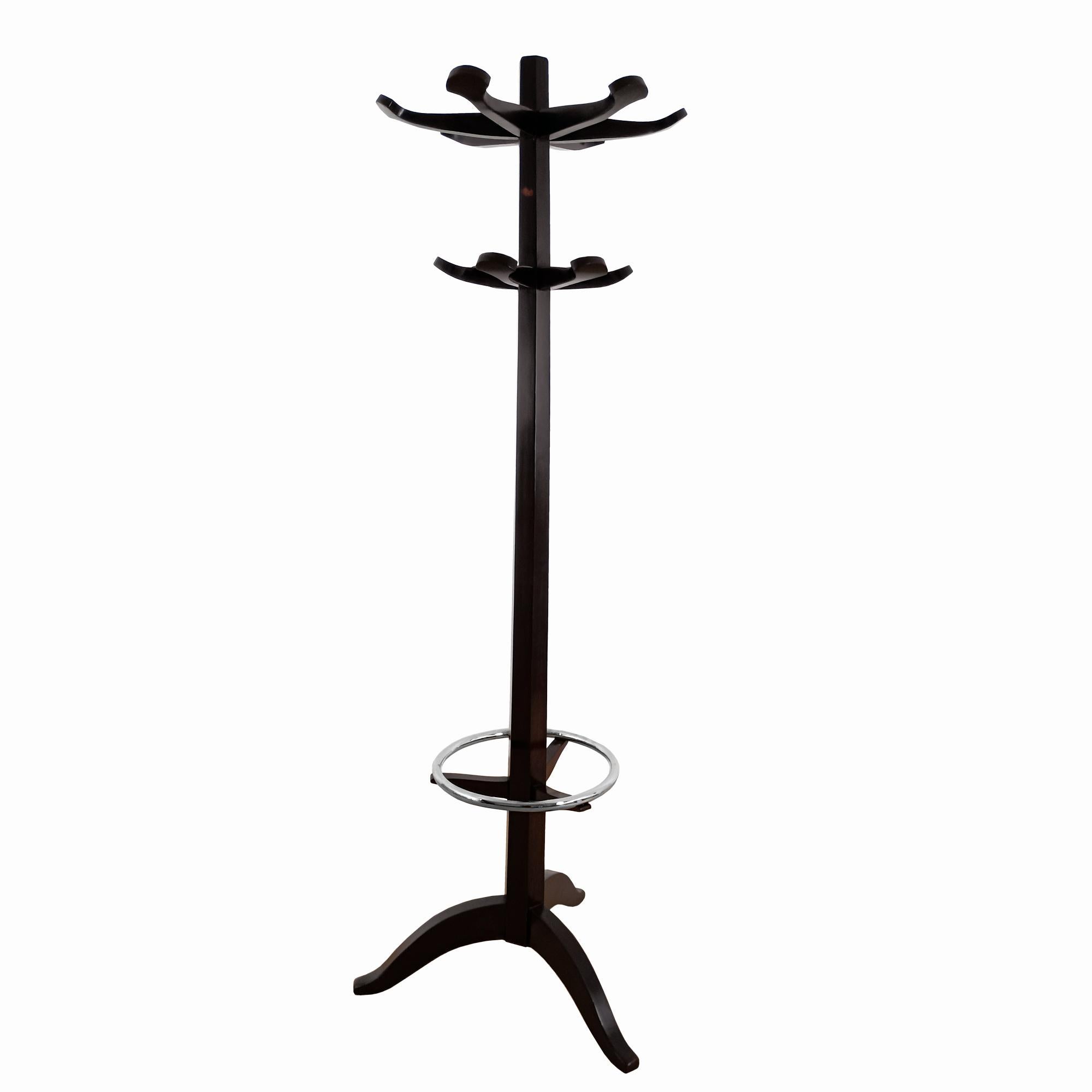 Coat rack in stained and shellac-varnished beech. Nickel-plated metal umbrella stand. Manufactured by Stella. Original label.

France, circa 1950.
