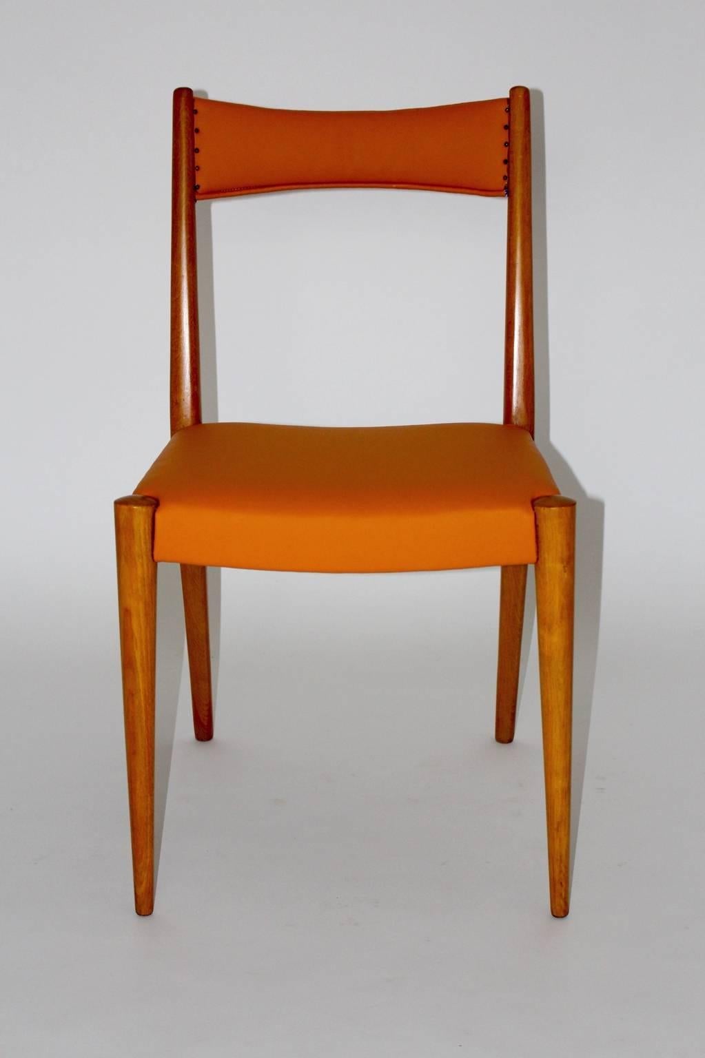 Austrian Mid-Century Modern Vintage Beech Orange Dining Chairs Anna Lülja Praun, Austria For Sale