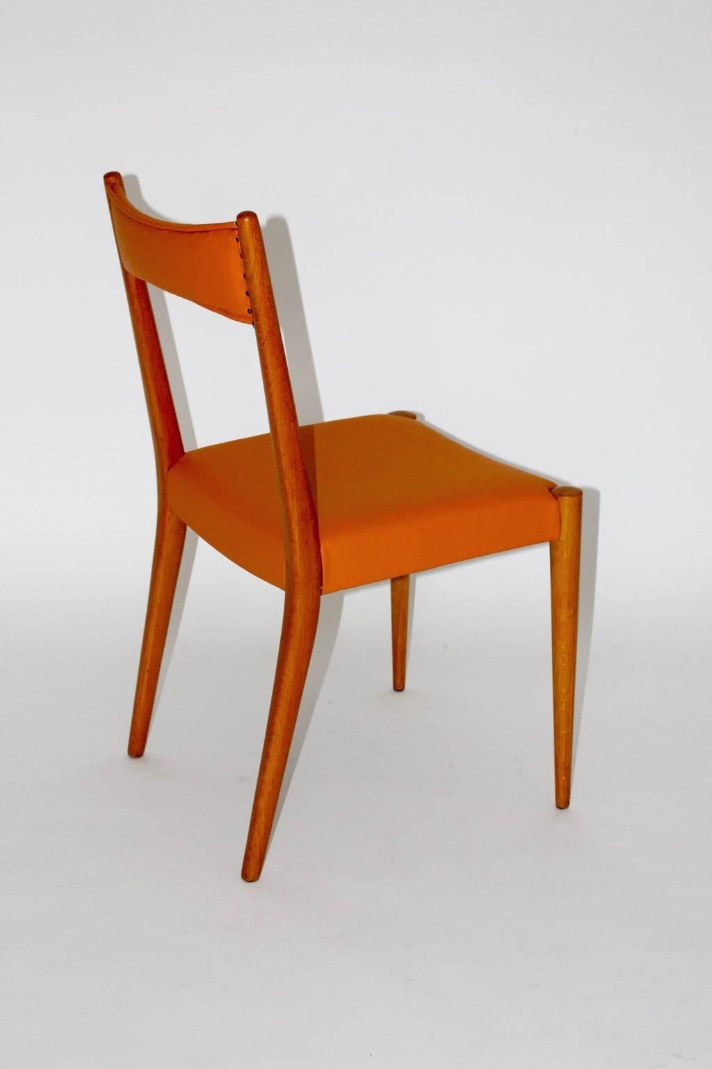 Mid-Century Modern Vintage Beech Orange Dining Chairs Anna Lülja Praun, Austria In Good Condition For Sale In Vienna, AT