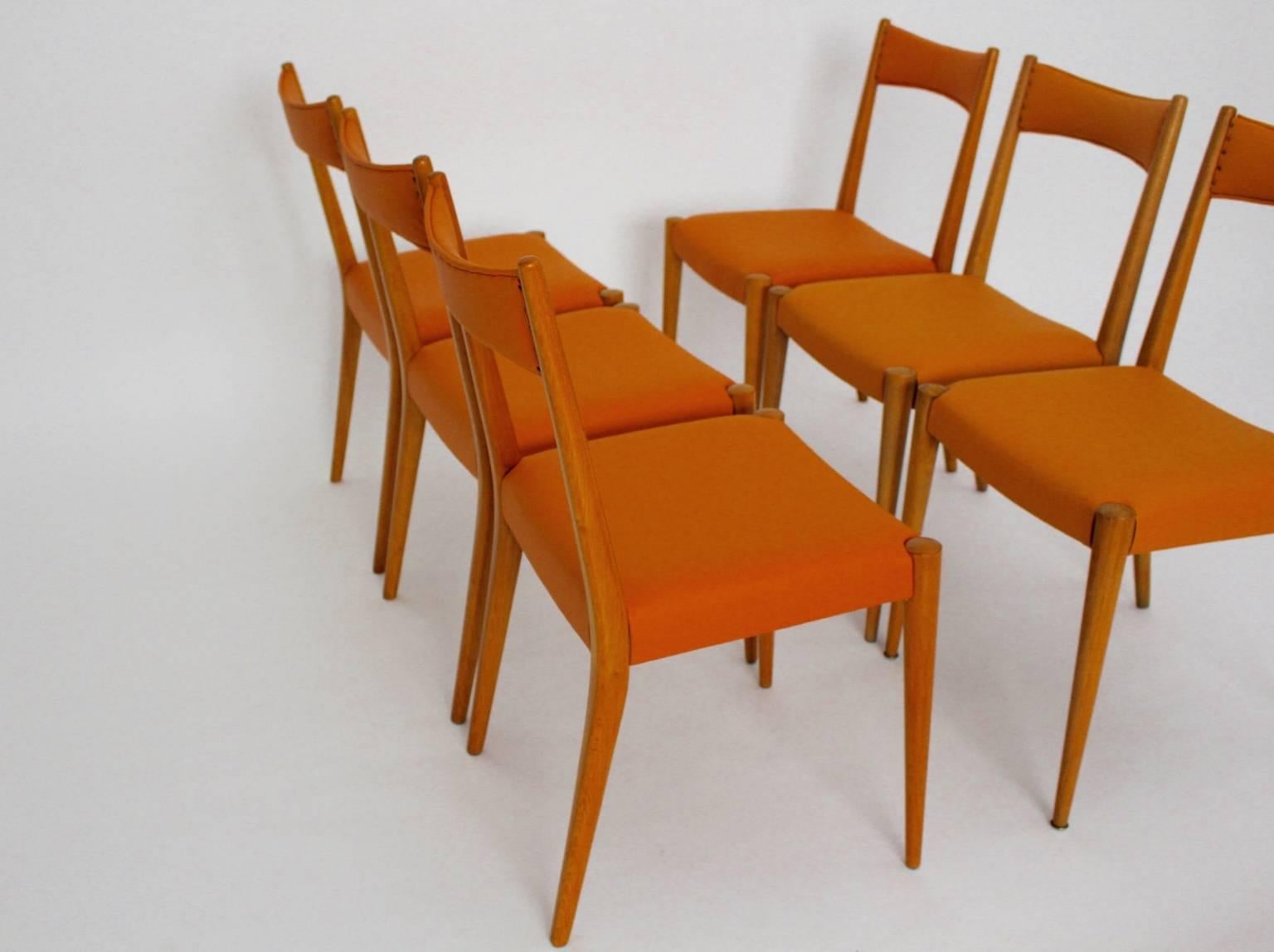 Faux Leather Mid-Century Modern Vintage Beech Orange Dining Chairs Anna Lülja Praun, Austria For Sale