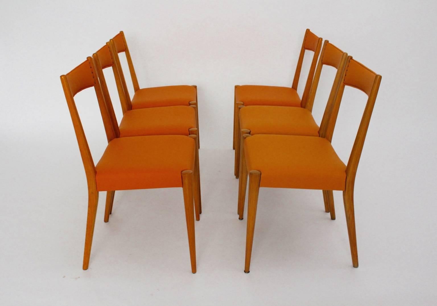 Mid-Century Modern Vintage Beech Orange Dining Chairs Anna Lülja Praun, Austria For Sale 1