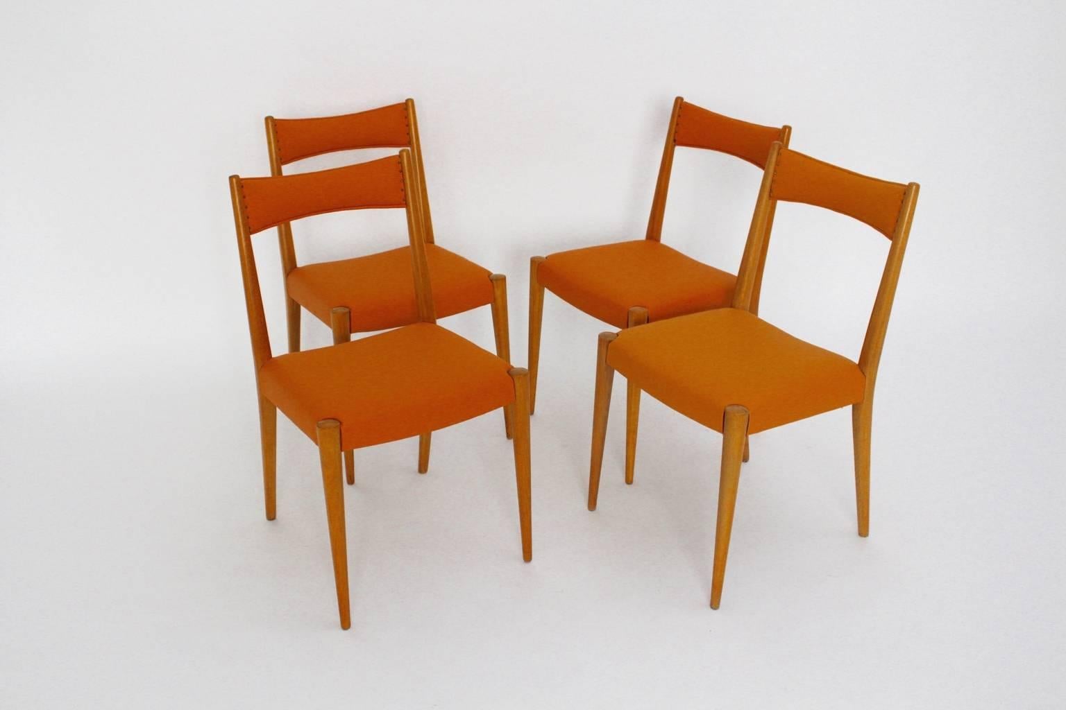 Mid-Century Modern Vintage Beech Orange Dining Chairs Anna Lülja Praun, Austria For Sale 2