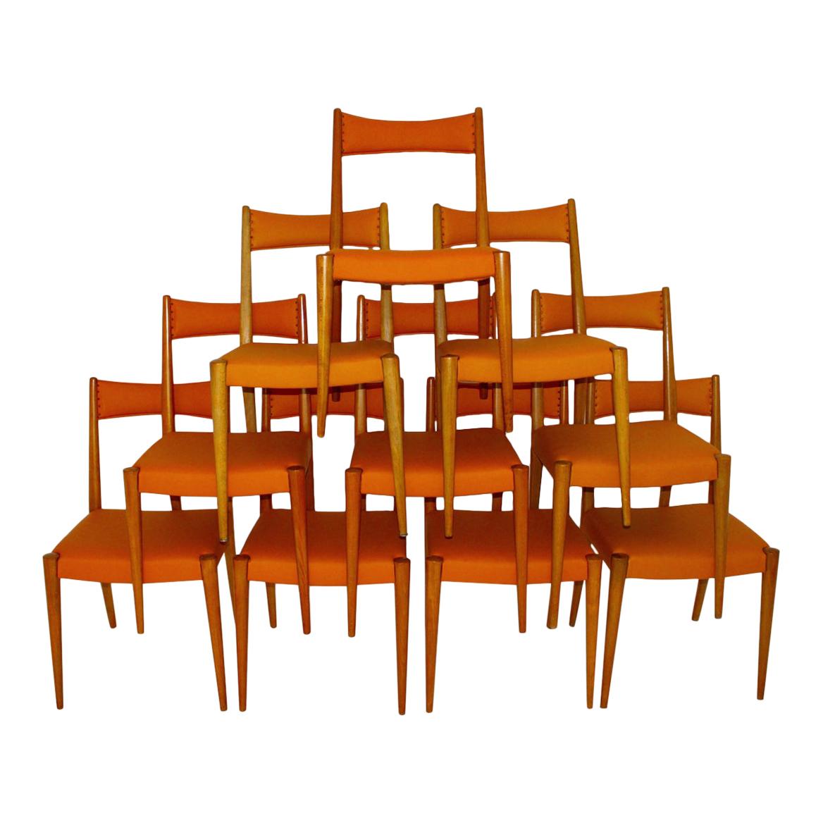 Mid-Century Modern Vintage Beech Orange Dining Chairs Anna Lülja Praun, Austria For Sale