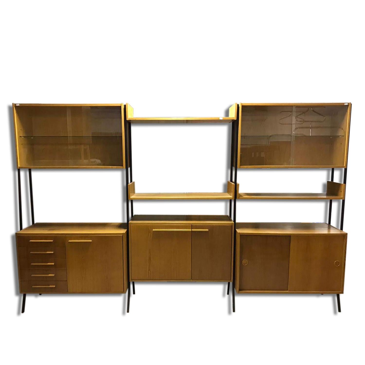 Mid century Czechoslovak modernist beech unit shelf system by Frantisek Jirak for Tatra nabytok. Made in Czechoslovakia during the 1960s. The system is made of beech wood and plywood and has an iron structure. The unit is in very good condition.