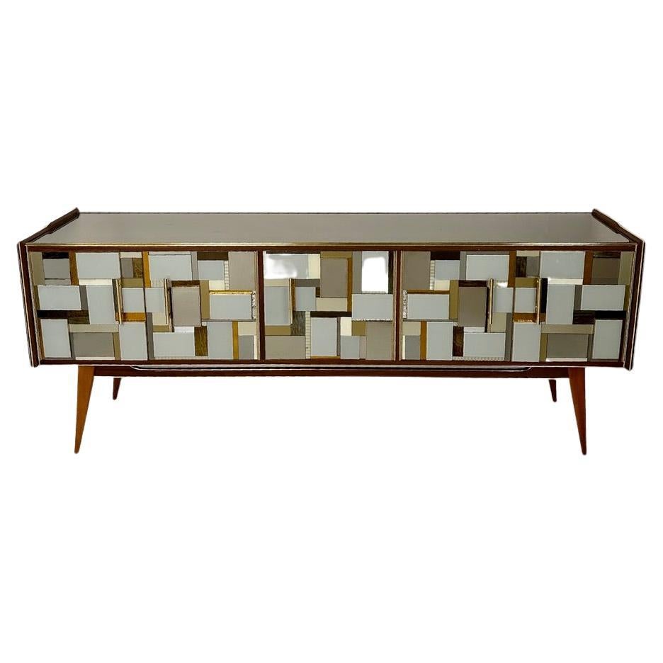Mid-Century Modern Beech Wood, Brass, Copper Mirrors & Murano Art Glass Credenza