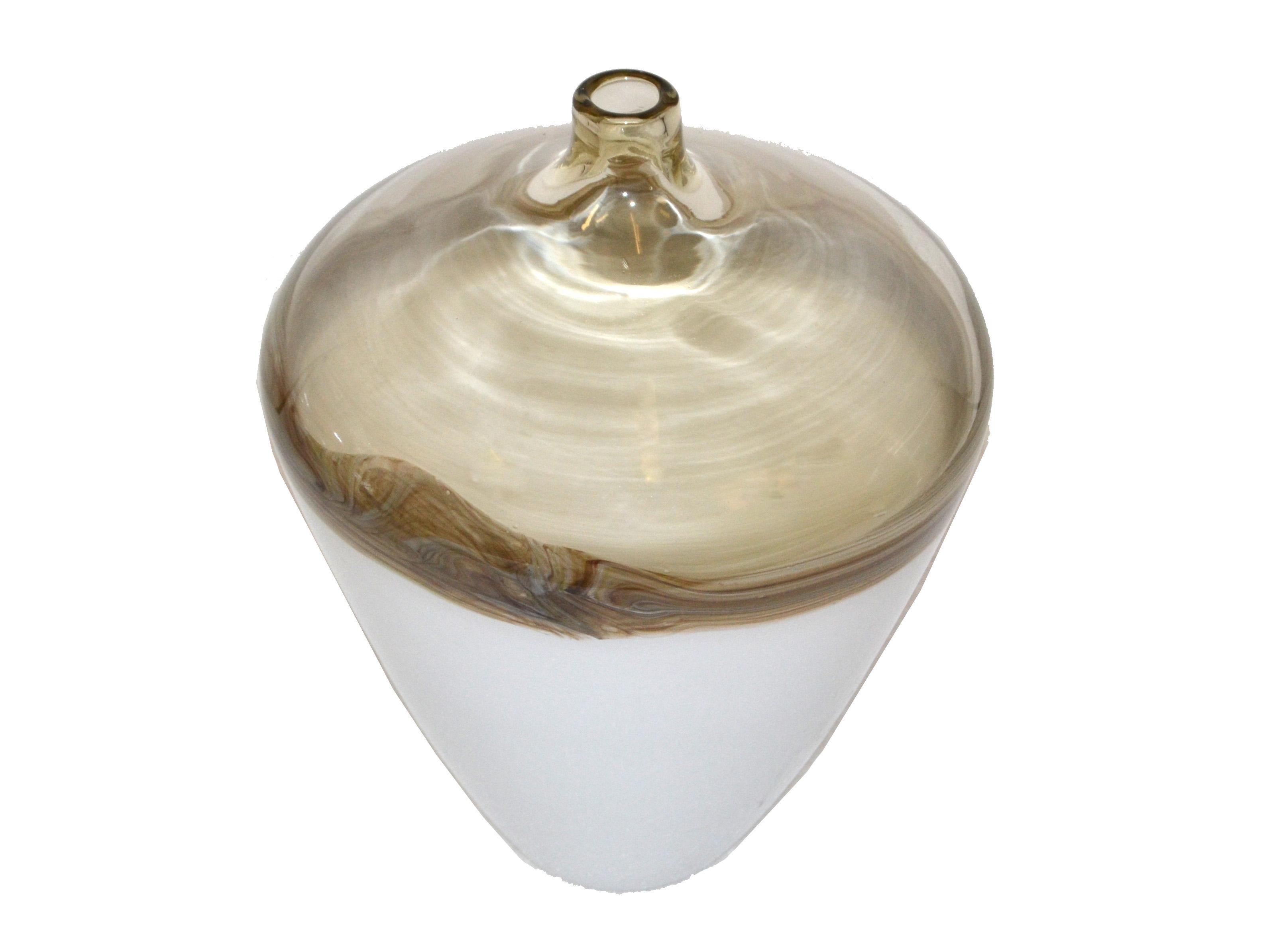 Stunning accent table vase shaped as an urn in white Opaline glass with beige and brown Murano art glass, manufactured in Italy in 1979.
The Core is made in white opaline glass and lined with stripes of beige, brown and white on the top. 
Unique