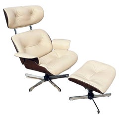 Beigefarbener Leder-Loungesessel mit Ottomane von Plycraft, Mid-Century Modern