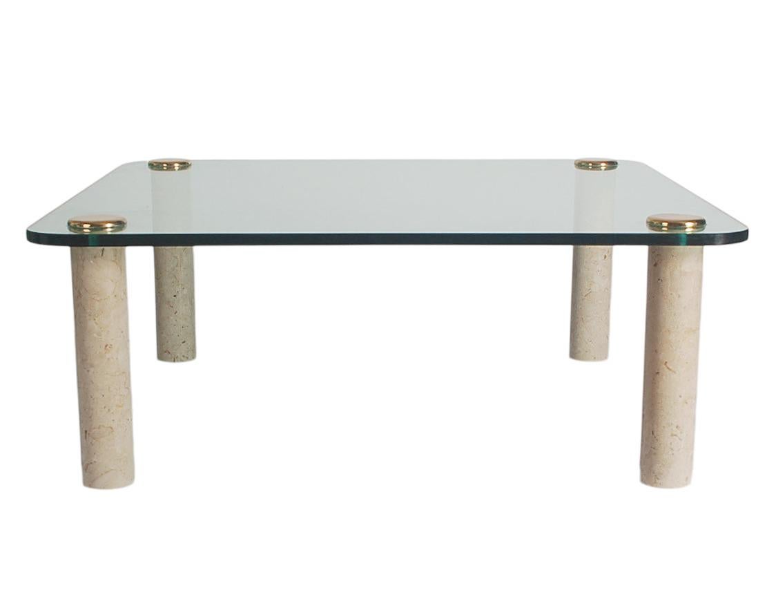 Mid Century Modern Beige Marble, Glass & Brass Cocktail Table by Leon Rosen In Good Condition For Sale In Philadelphia, PA