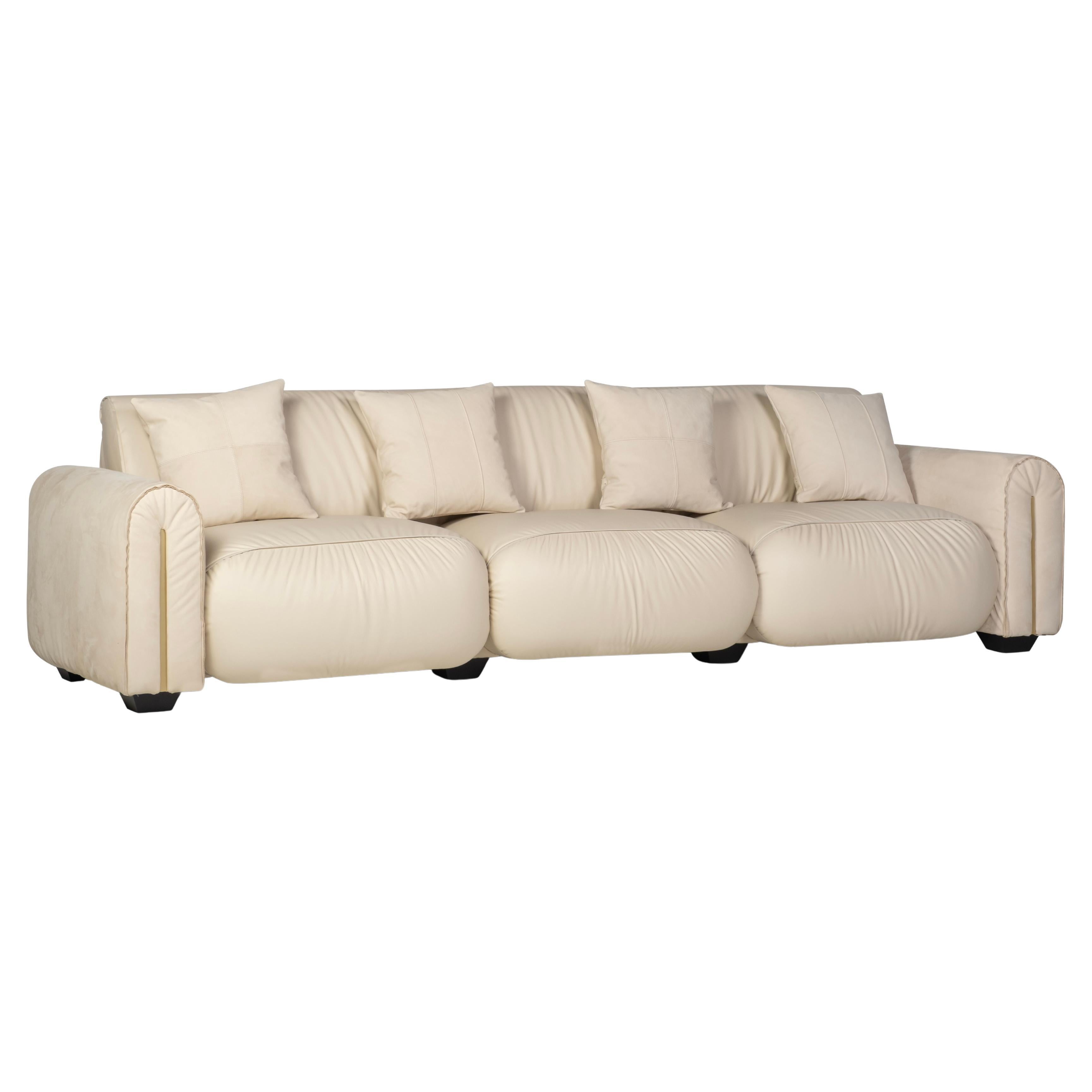 Mid-Century Modern Beijinho Sofa, Beige Nubukleder, Handgefertigt von Greenapple im Angebot