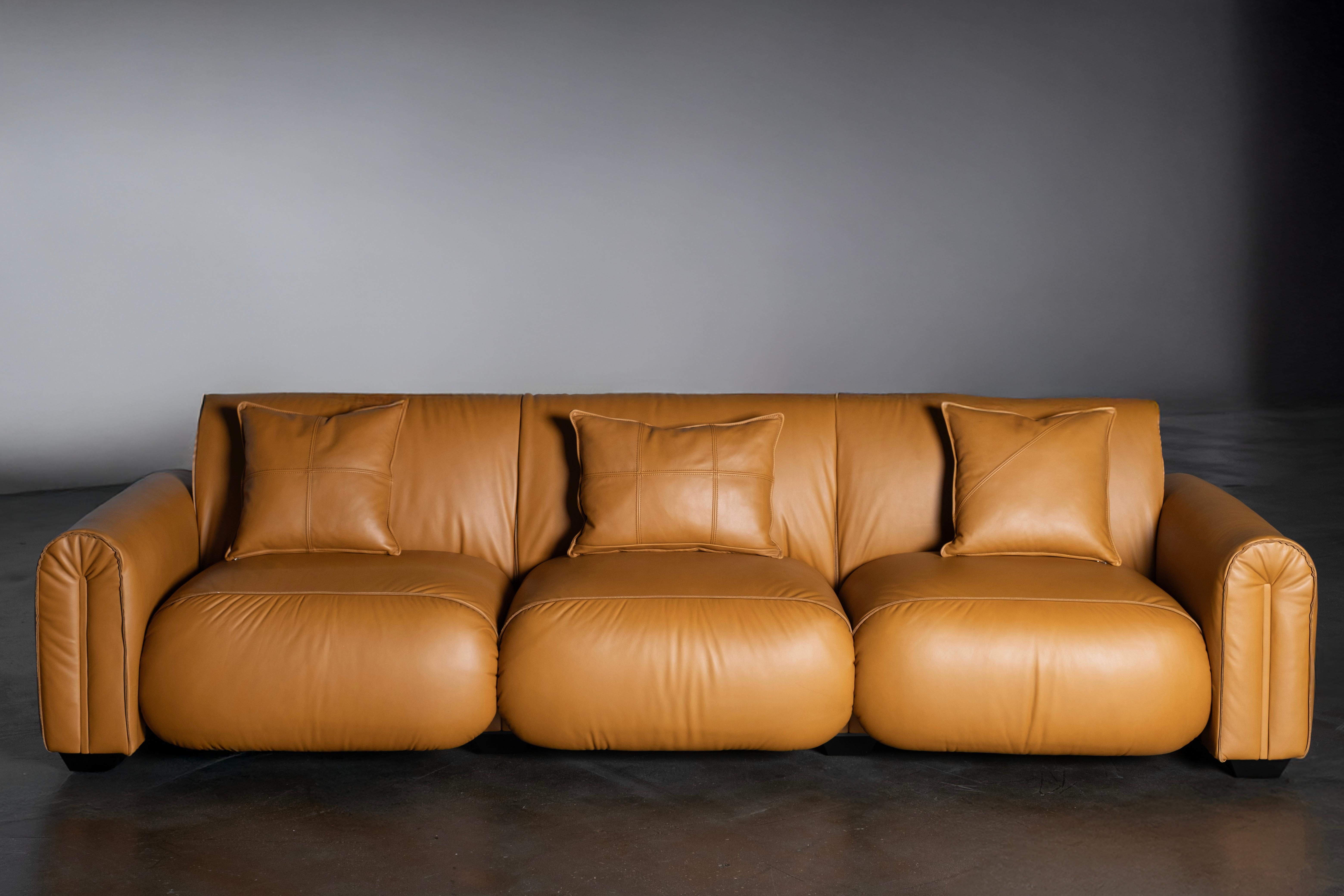 Mid-Century Modern Beijinho Sofa, Camel Italian Leather, Handmade by Greenapple For Sale 2