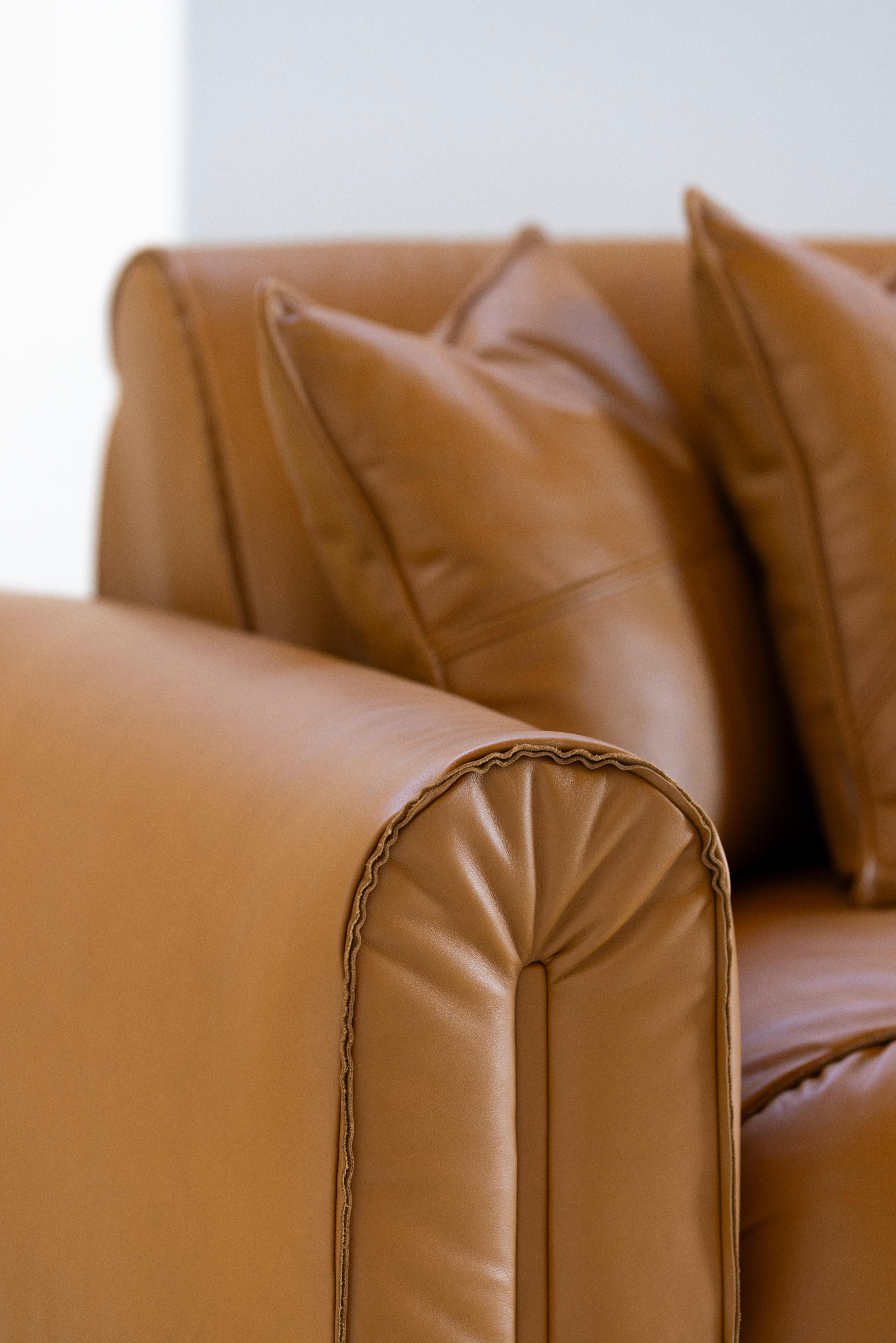 Contemporary Mid-Century Modern Beijinho Sofa, Camel Italian Leather, Handmade by Greenapple For Sale