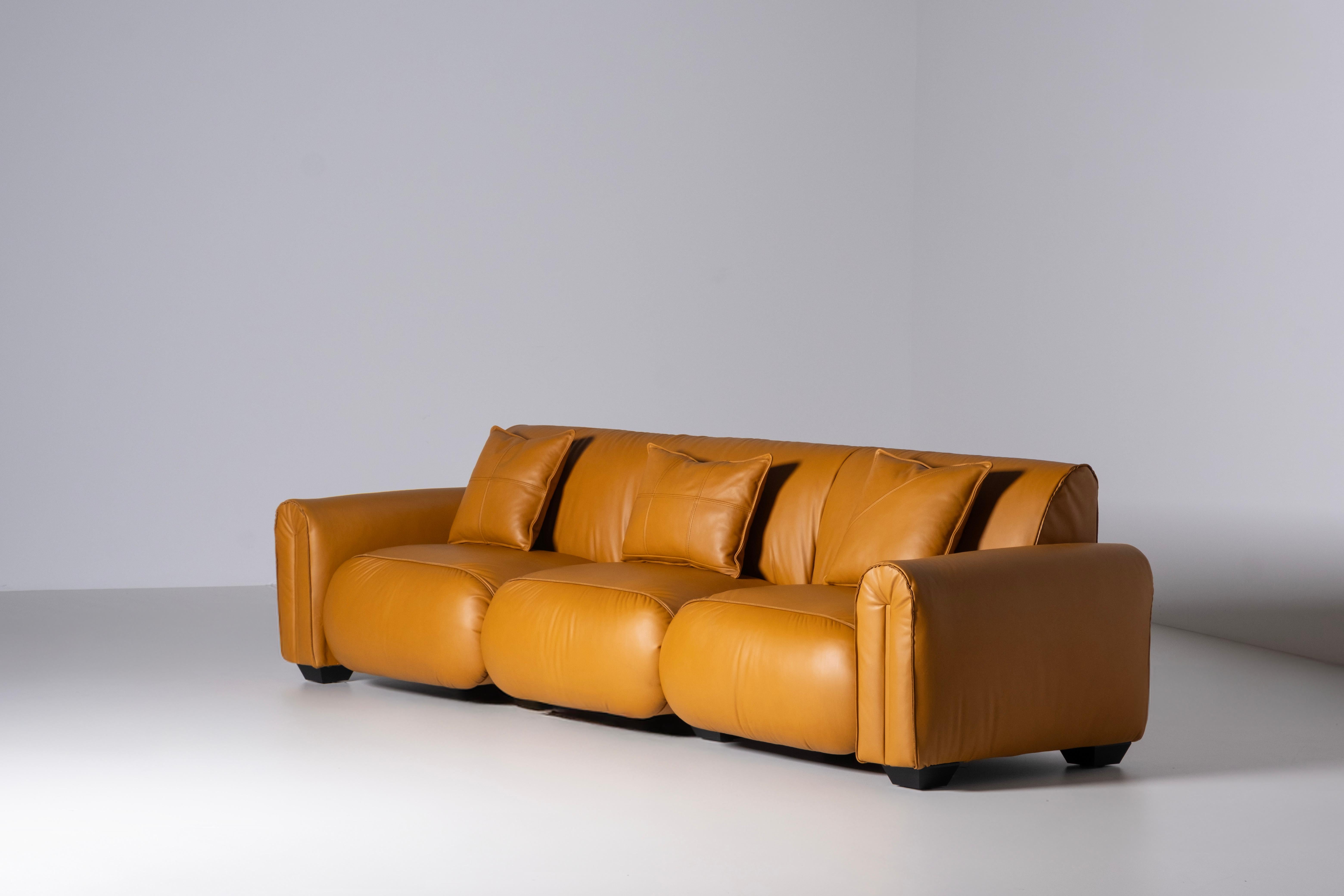 Mid-Century Modern Beijinho Sofa, Camel Italian Leather, Handmade by Greenapple For Sale 3