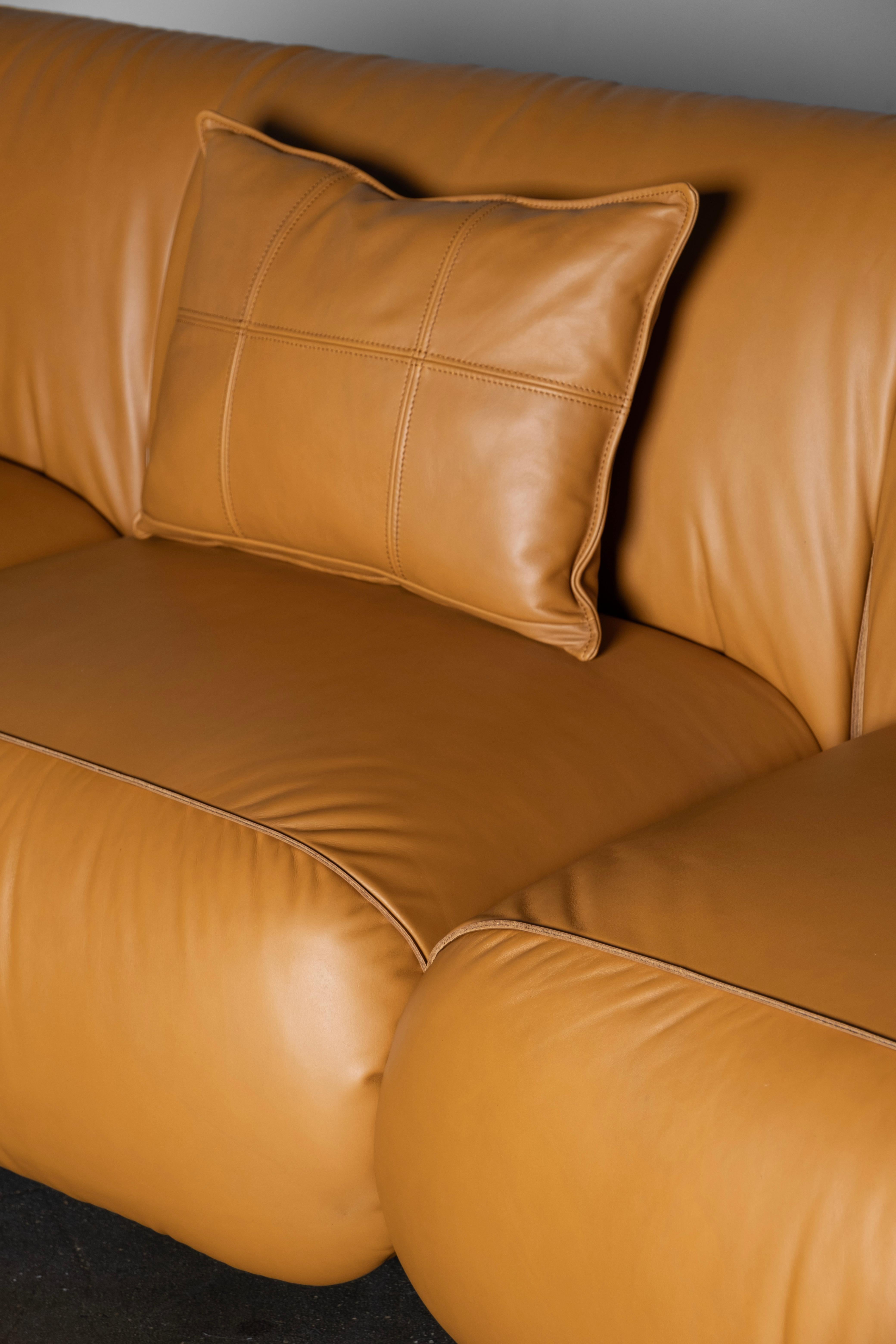 Mid-Century Modern Beijinho Sofa, Camel Italian Leather, Handmade by Greenapple For Sale 8