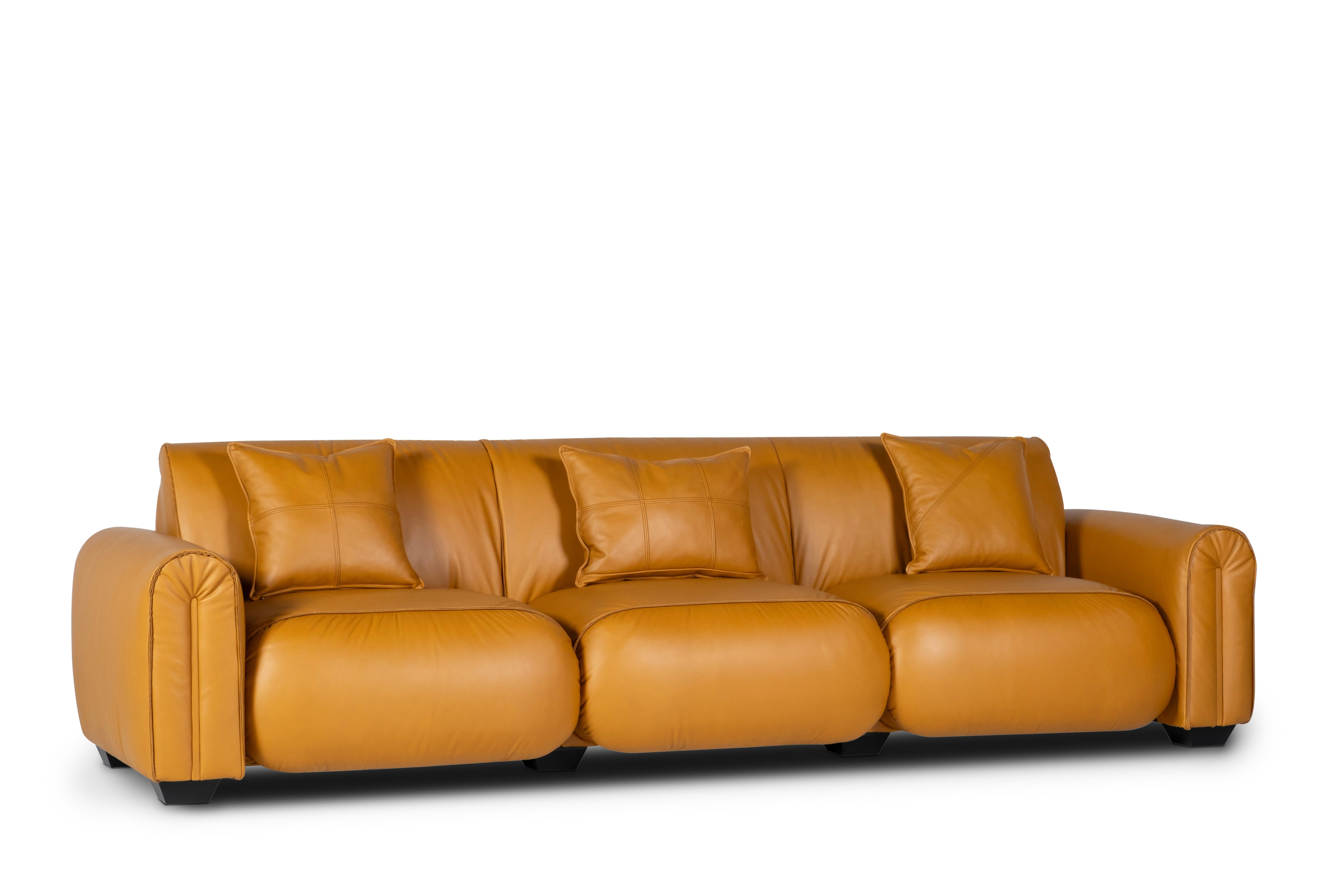 Portuguese Mid-Century Modern Beijinho Sofa, Camel Italian Leather, Handmade by Greenapple For Sale