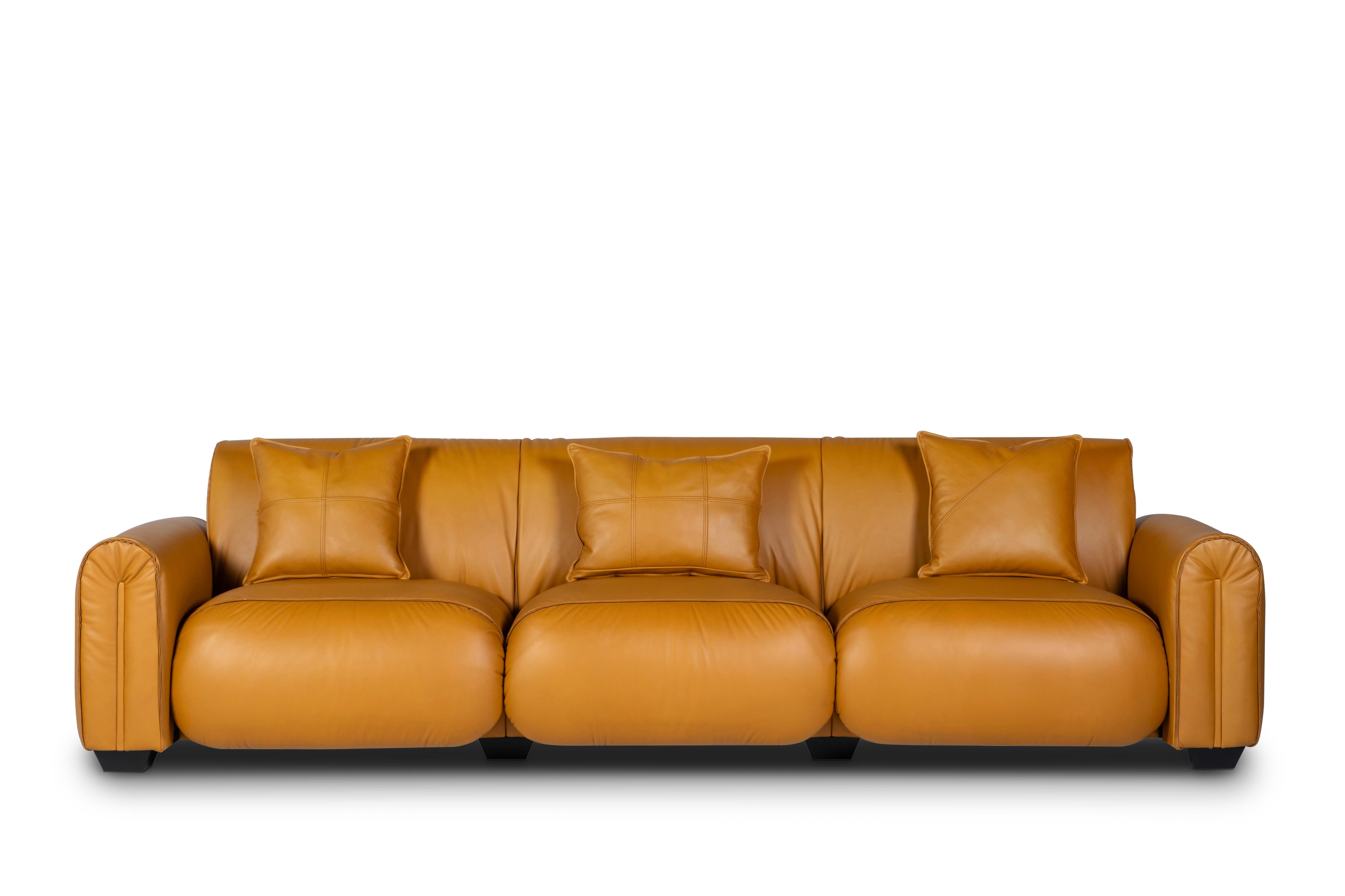 Woodwork Mid-Century Modern Beijinho Sofa, Camel Italian Leather, Handmade by Greenapple For Sale