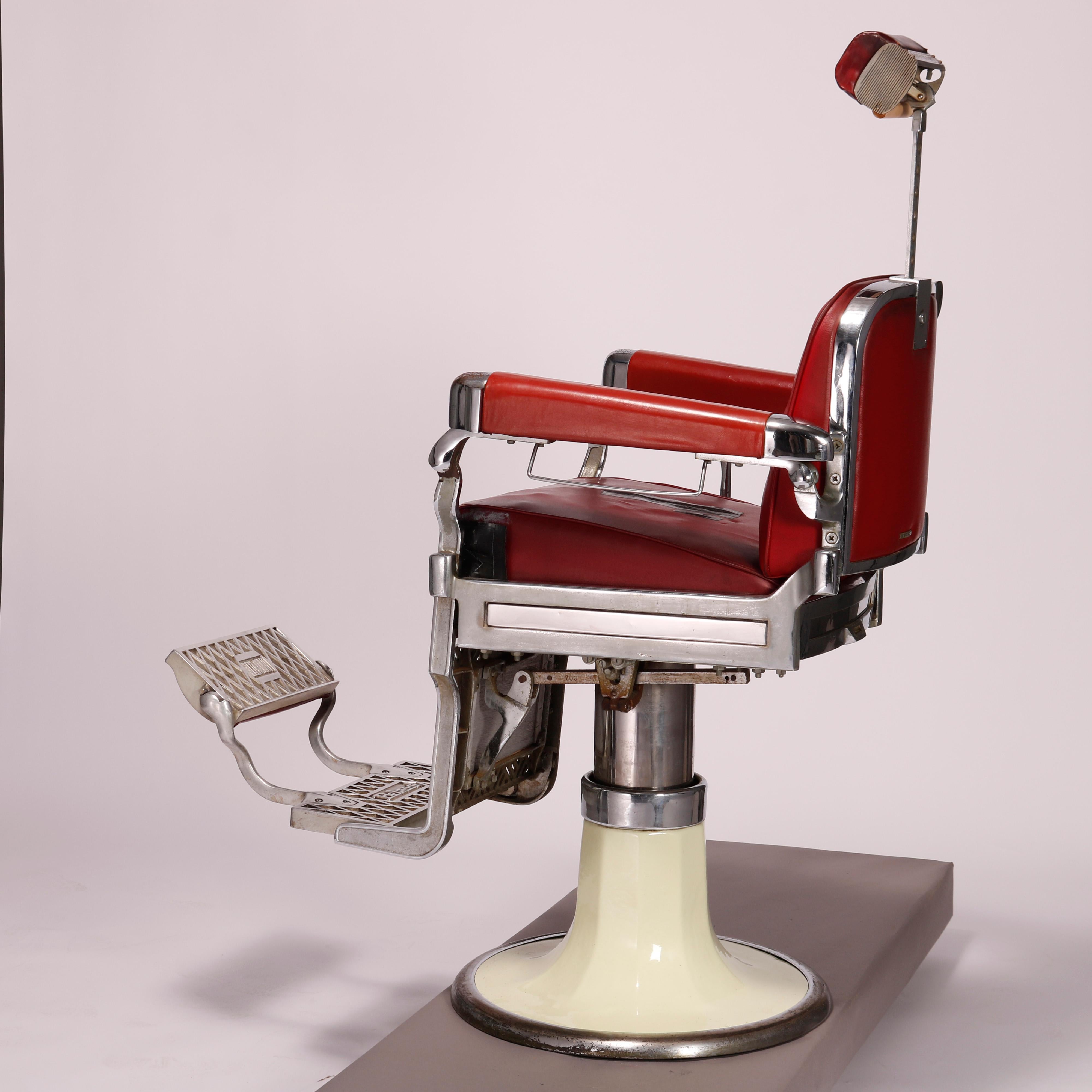 Mid-Century Modern Belmont Commercial Chrome, Enamel & Vinyl Barber Chair c1950s In Good Condition In Big Flats, NY