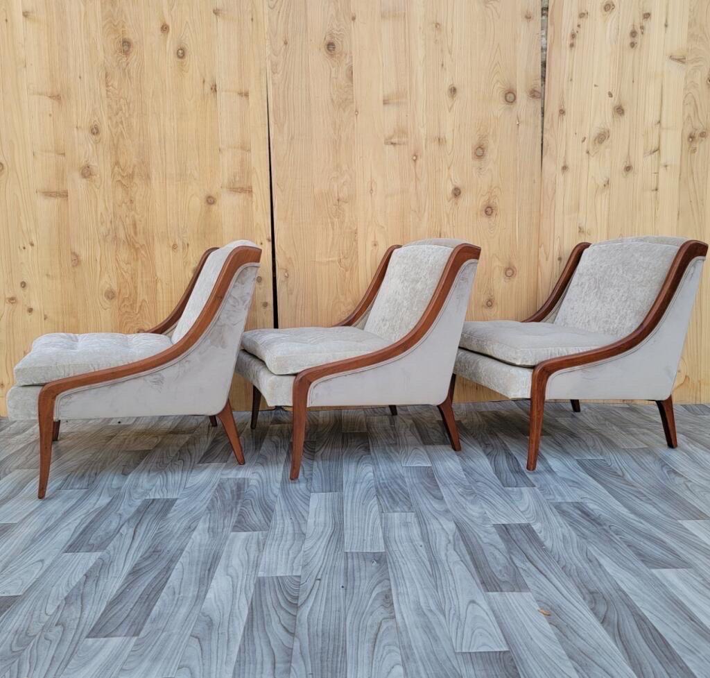 Mid-Century Modern Ben Seibel slipper chairs set newly upholstered in a high end velvet - 3 piece set

This stunning 3 piece beautifully designed mahogany framed set has been completely custom upholstered in a gorgeous champagne tinted velvet with