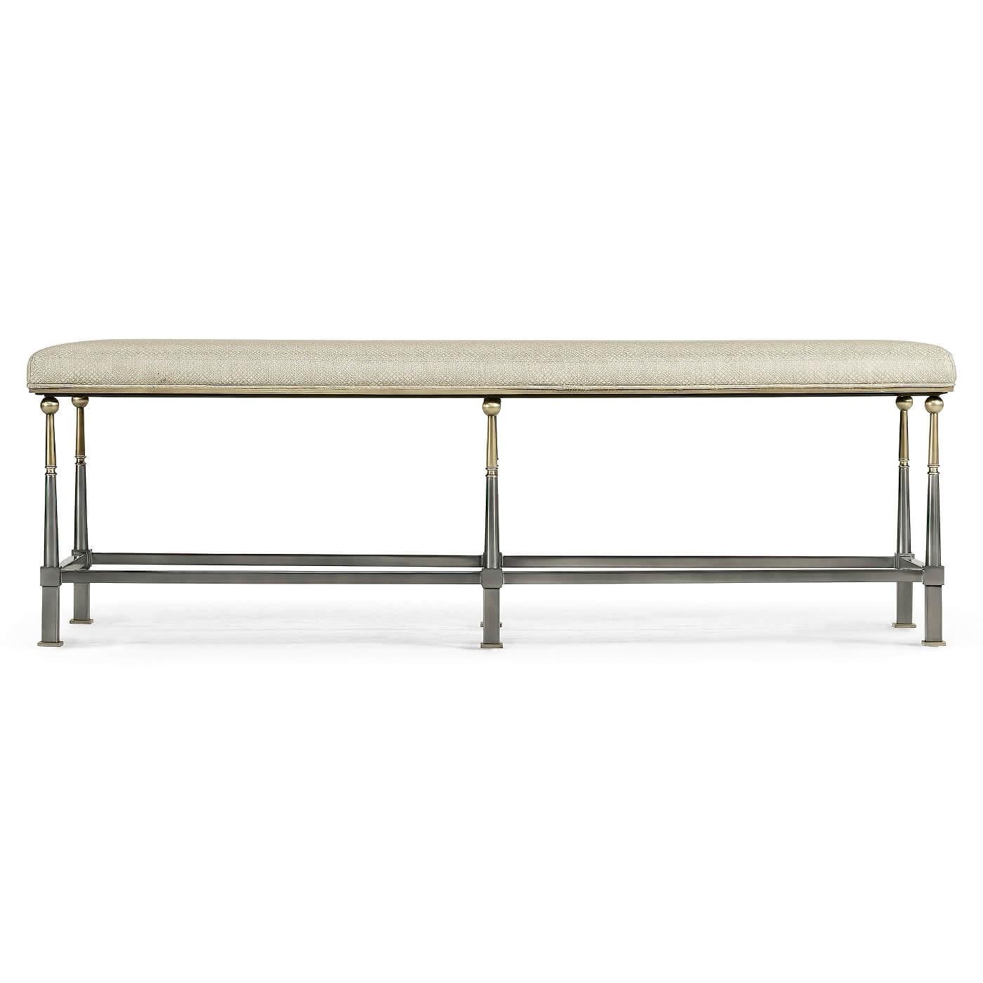 Mid-Century Modern bench A French modern gunmetal and brass finish banquette with pyramidal tapered supports and stretcher.

Dimensions: 56.25