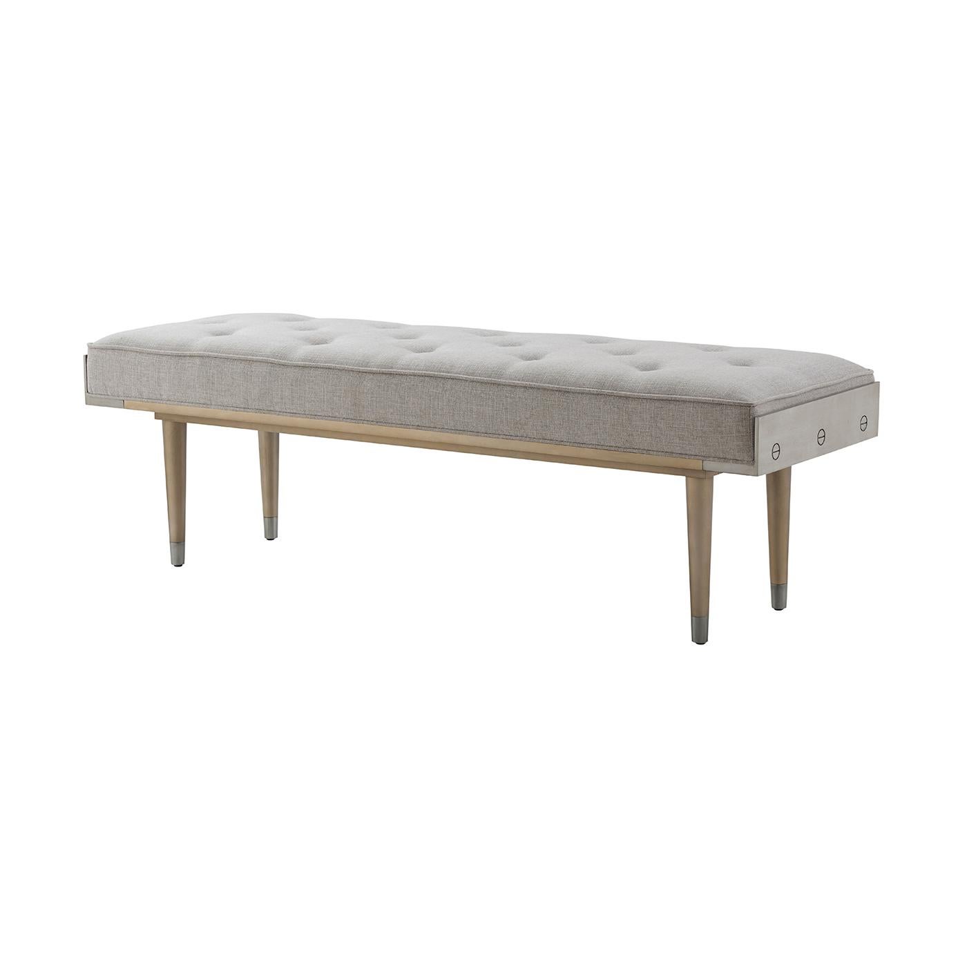 Mid Century Bench with a shallow button tufted cushion, 'Berlin Silver