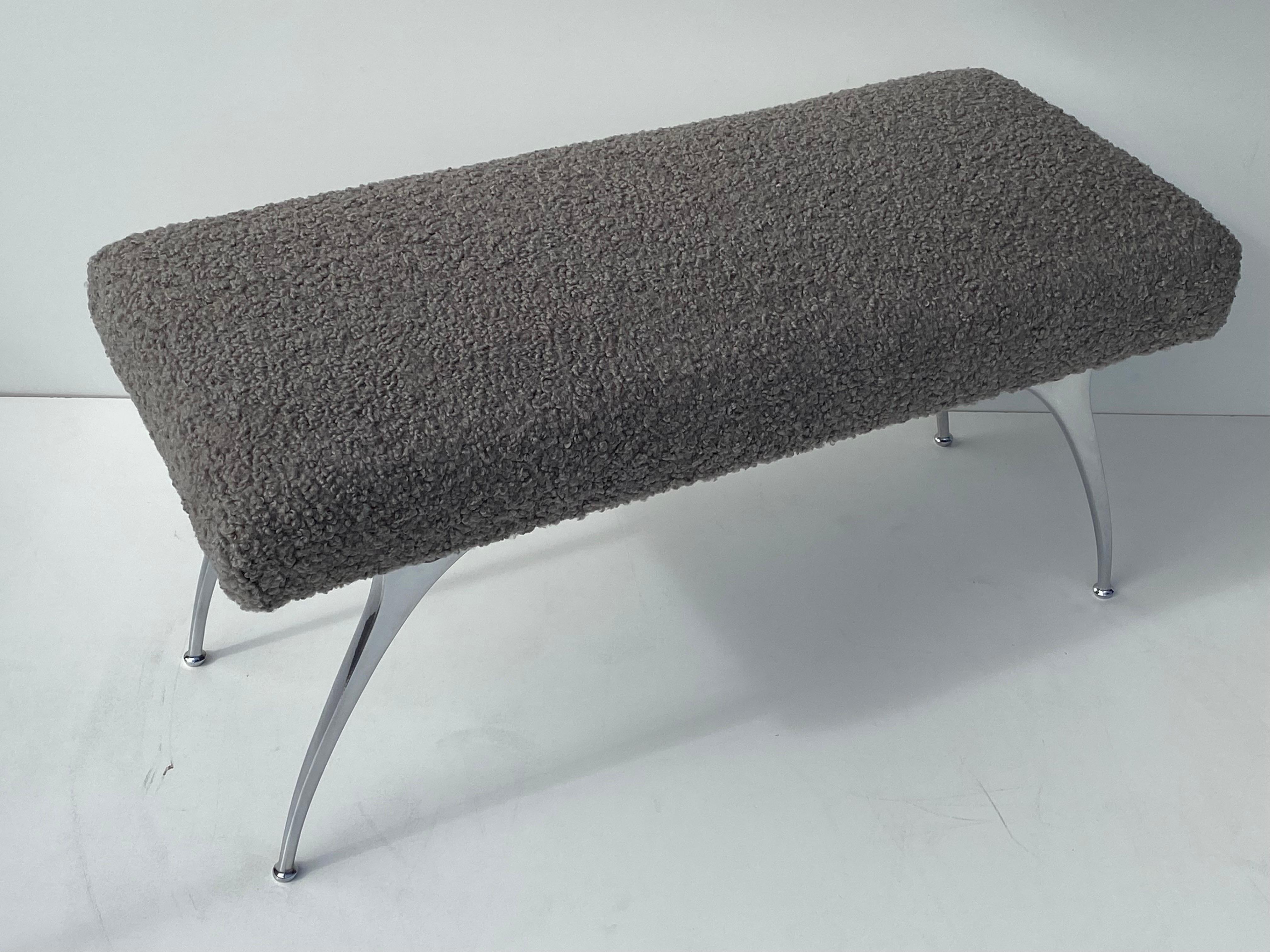 Polished Mid-Century Modern Bench Upholstered in Boucle  For Sale