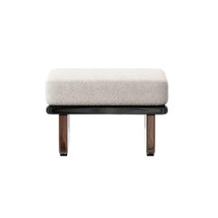 Mid-Century Modern Bench White Boucle Seat, Black Lacquered, Glossy Wanut Legs