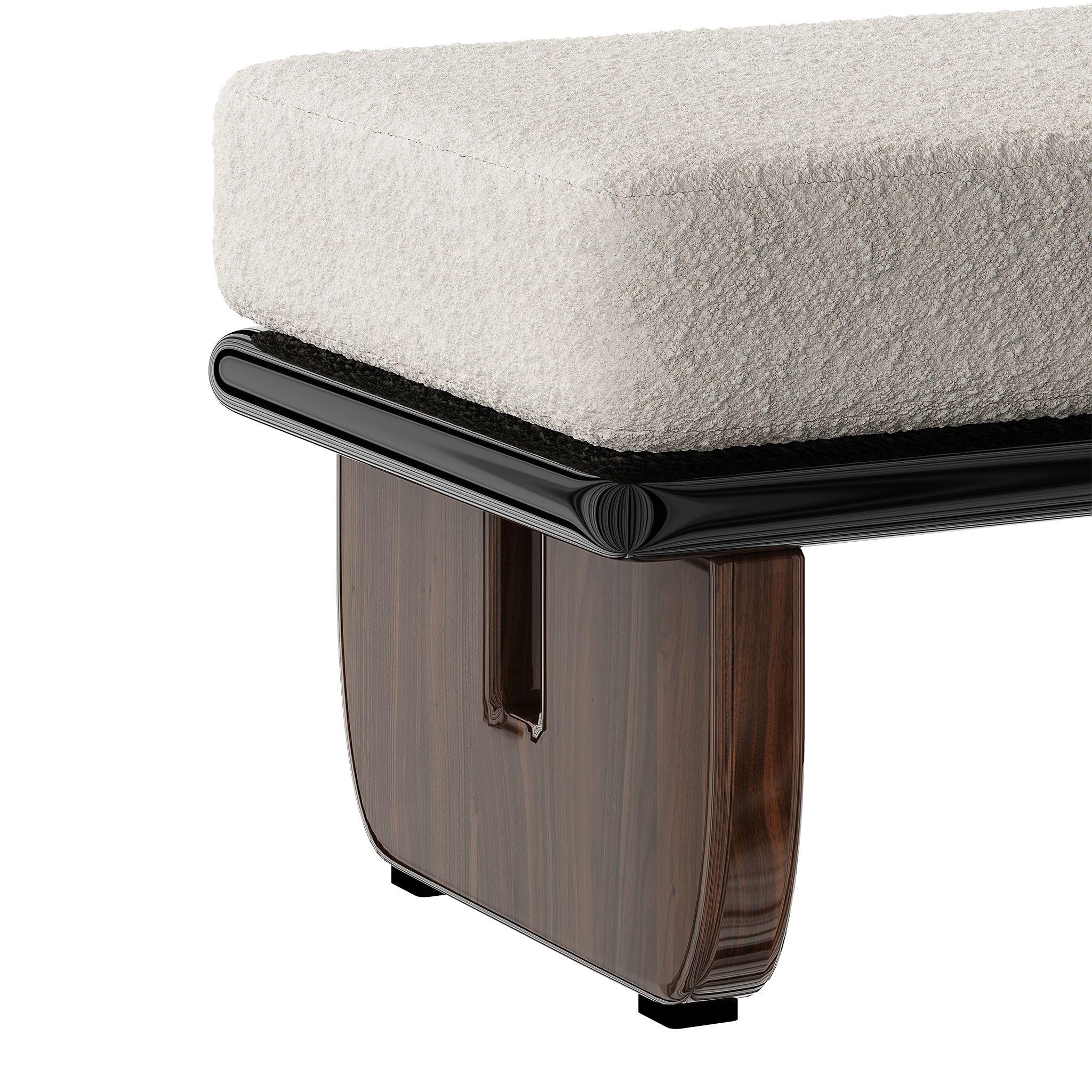 Mid-Century Modern Bench Weißer Boucle-Sitz, schwarz lackiert, glänzende Wanussbeine (Portugiesisch) im Angebot