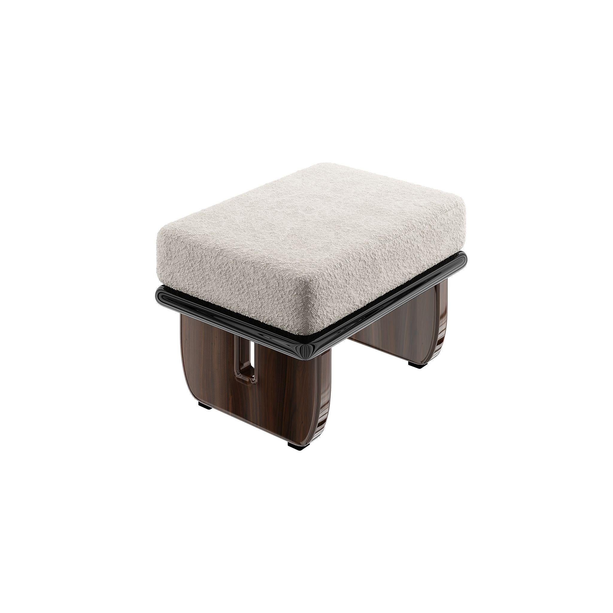 Mid-Century Modern Bench Weißer Boucle-Sitz, schwarz lackiert, glänzende Wanussbeine (Handgefertigt) im Angebot