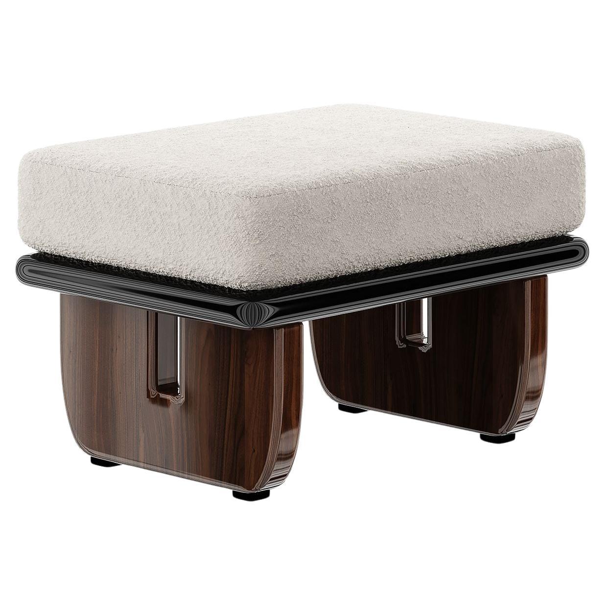 Mid-Century Modern Bench Weißer Boucle-Sitz, schwarz lackiert, glänzende Wanussbeine