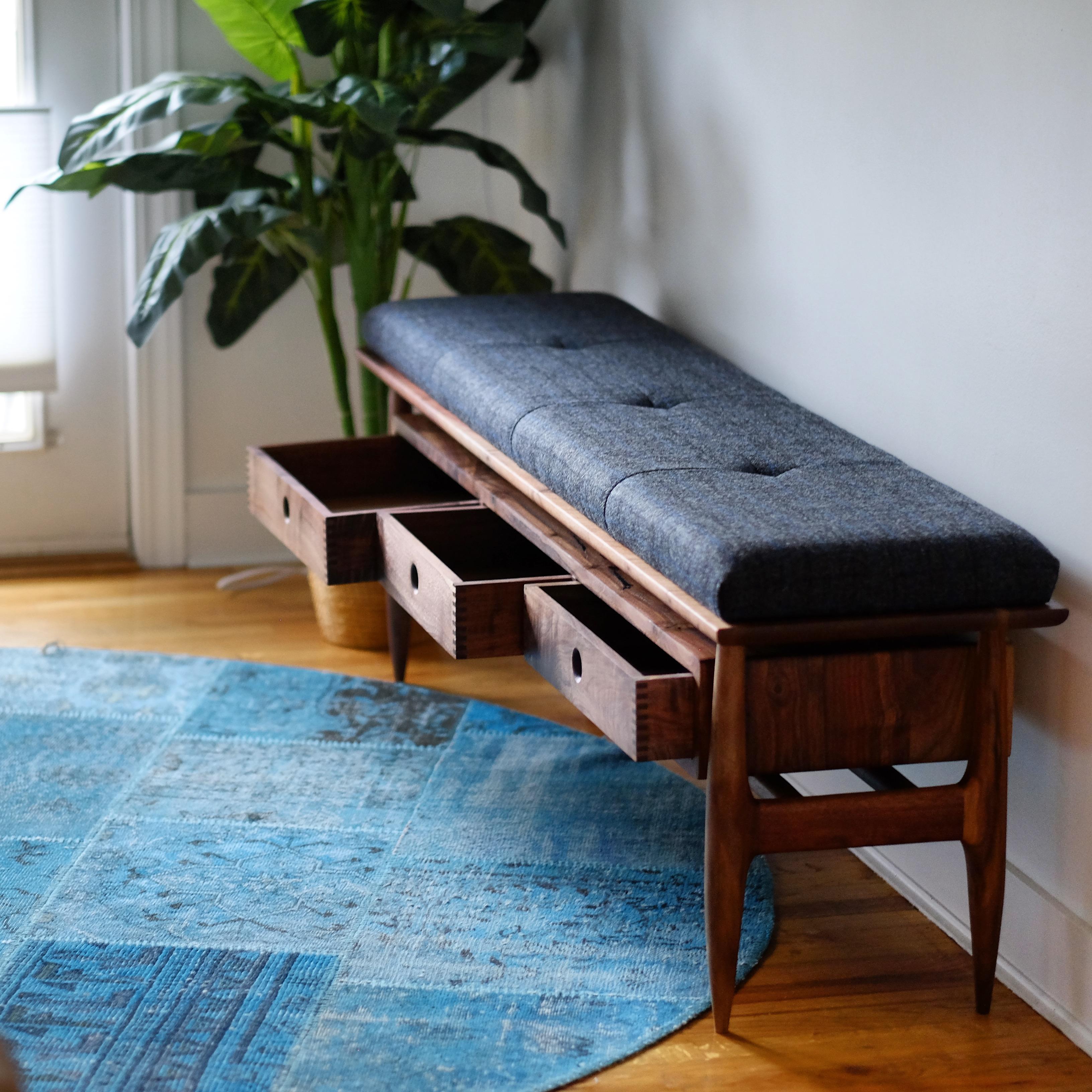 Mid century Modern Bench With Upholstered Seat For Sale 8