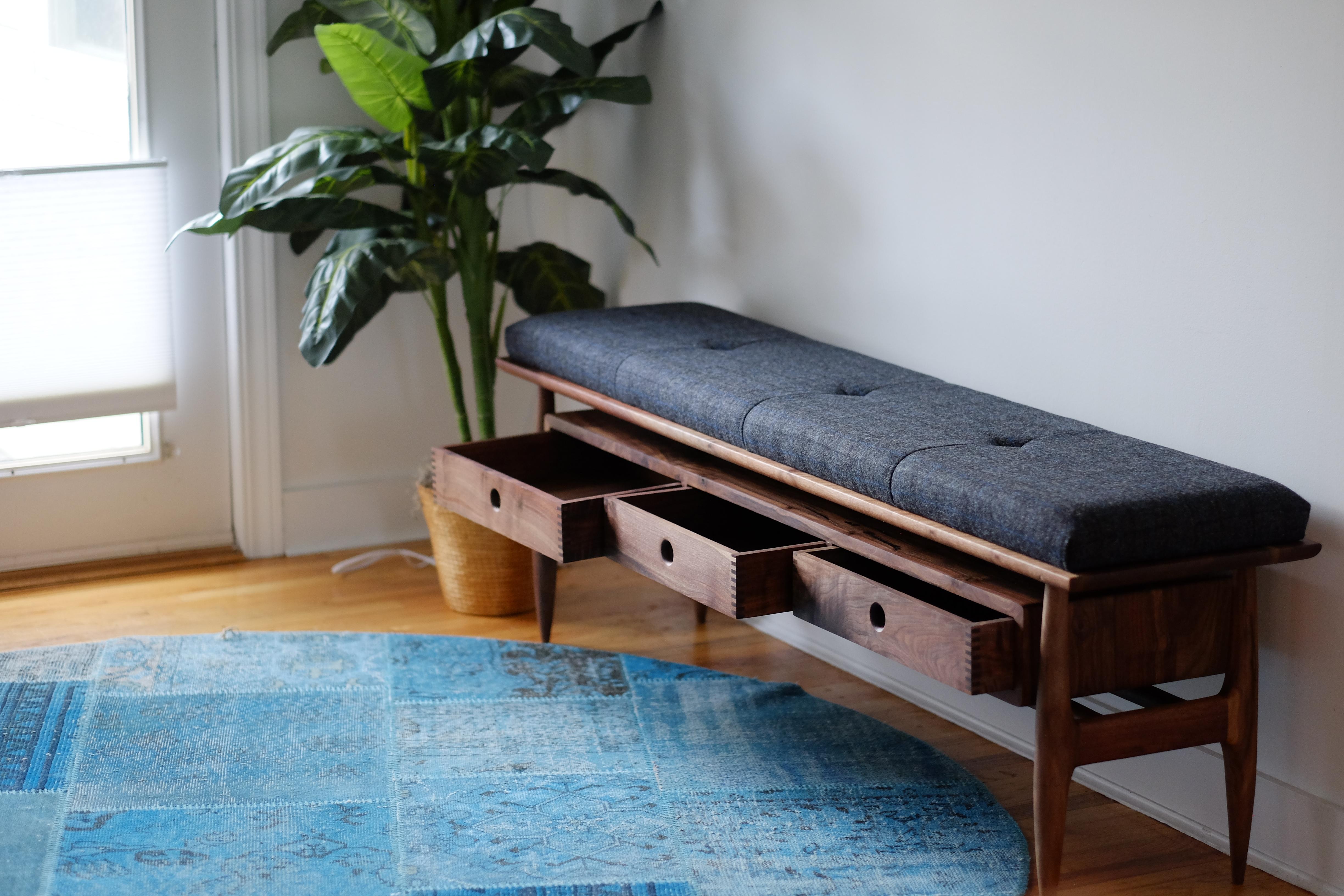 Walnut Mid century Modern Bench With Upholstered Seat For Sale