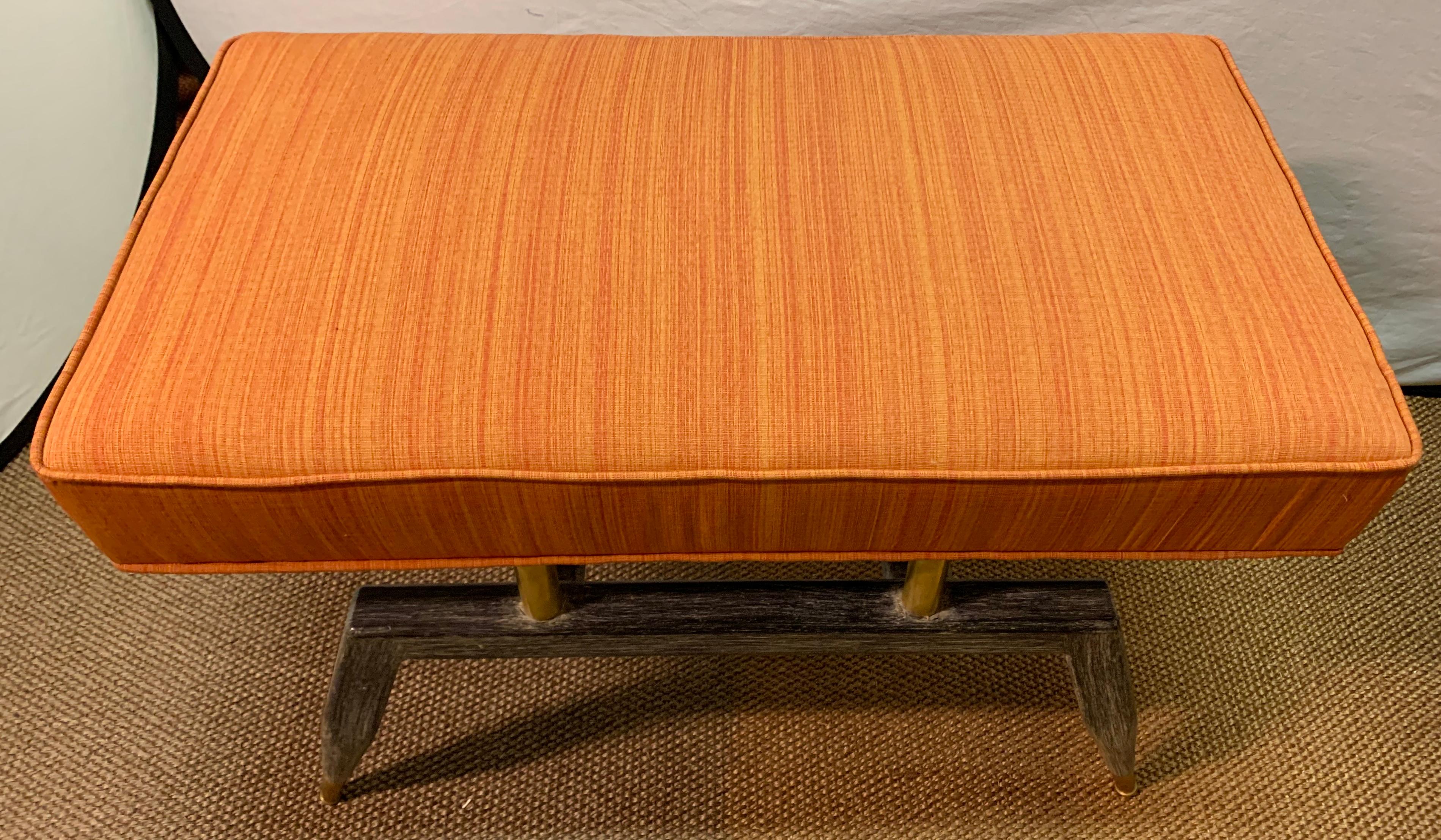 Mid-Century Modern Bench with Wood Base and Brass Supports In Good Condition In Stamford, CT
