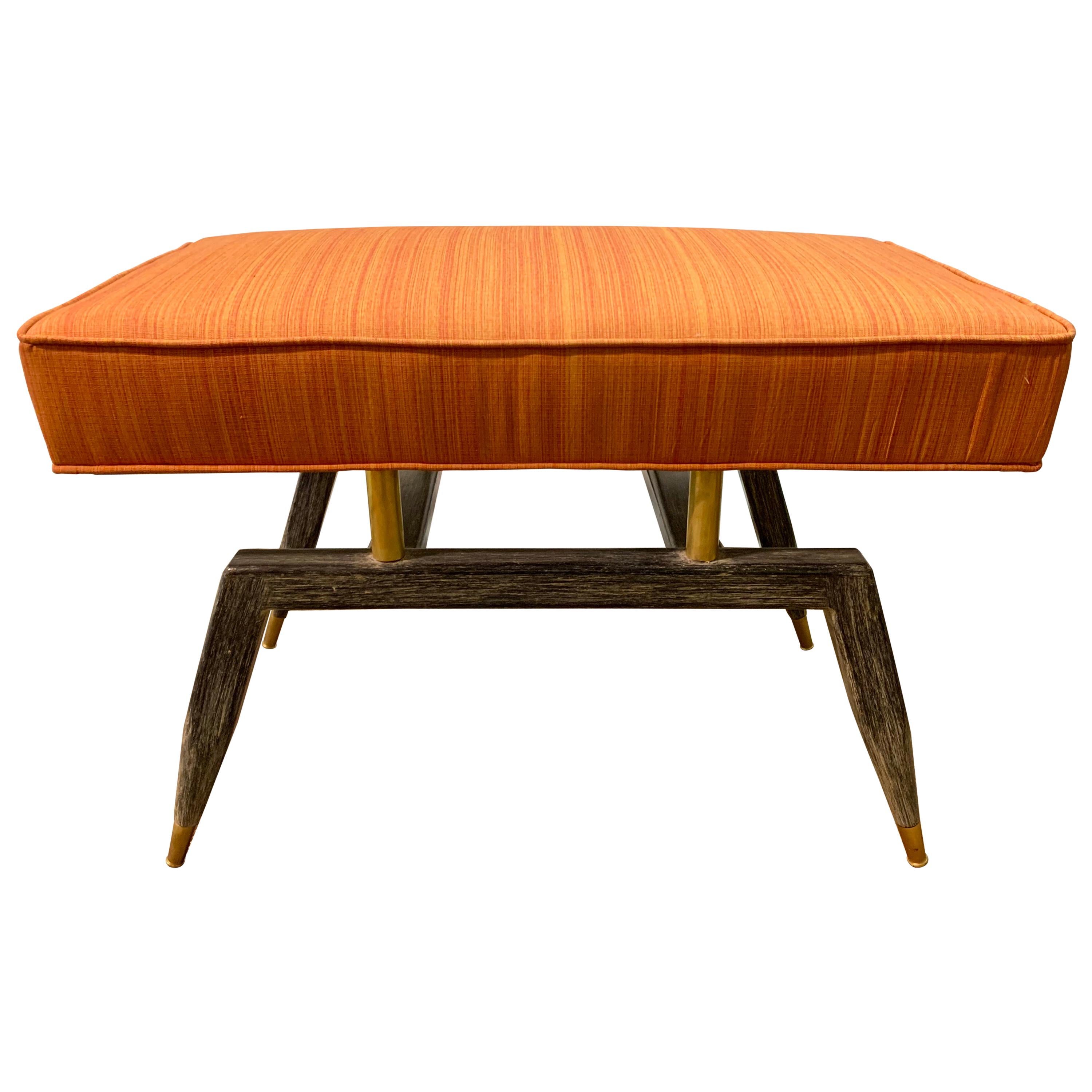 Mid-Century Modern Bench with Wood Base and Brass Supports
