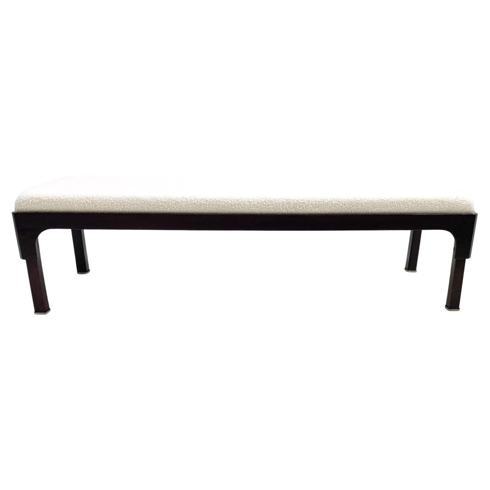 Mid-Century Modern Bench, Wood and White Bouclé Fabric, Italy, 1960s